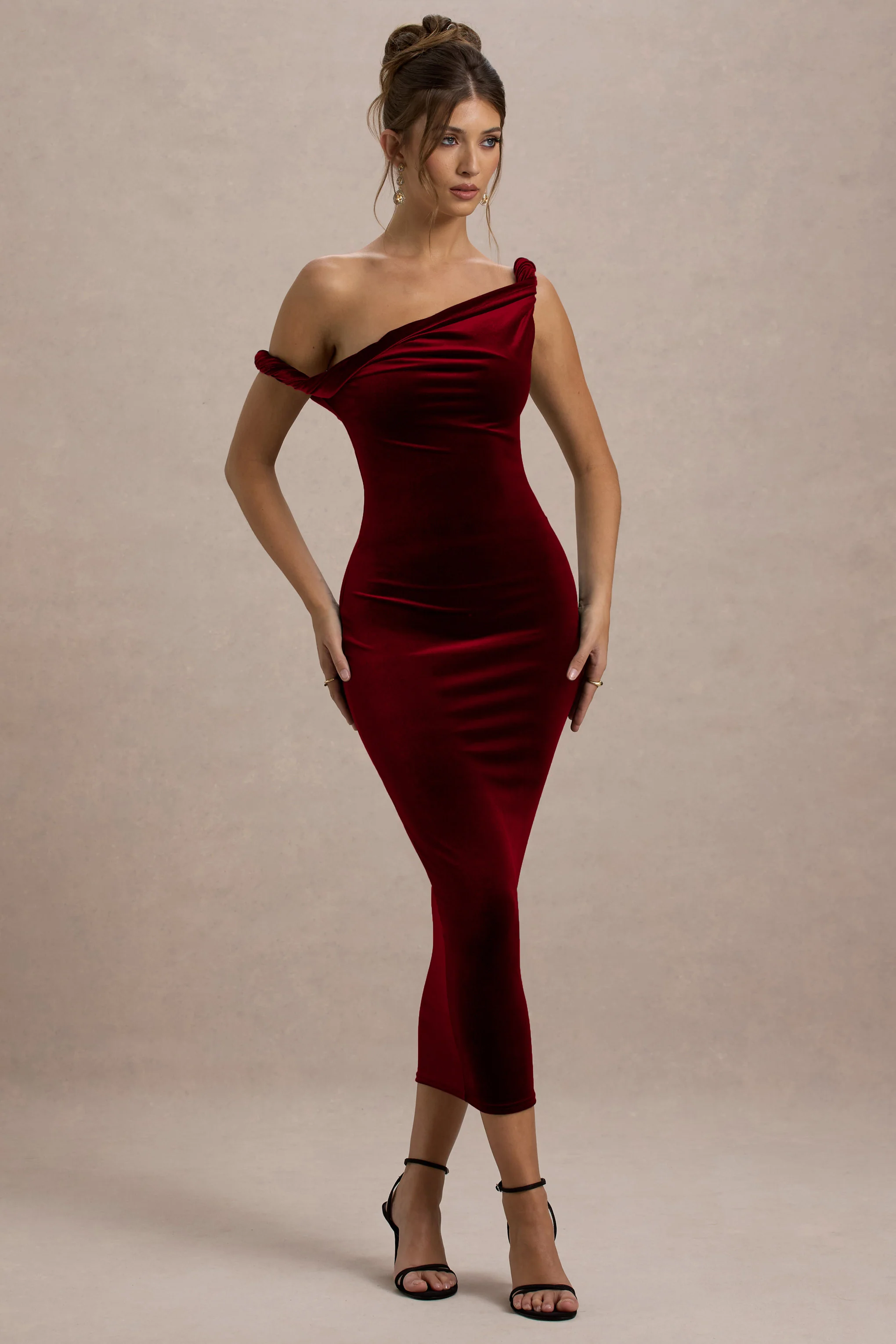Carella | Berry Velvet Twisted Asymmetric Midi Dress - Image 4