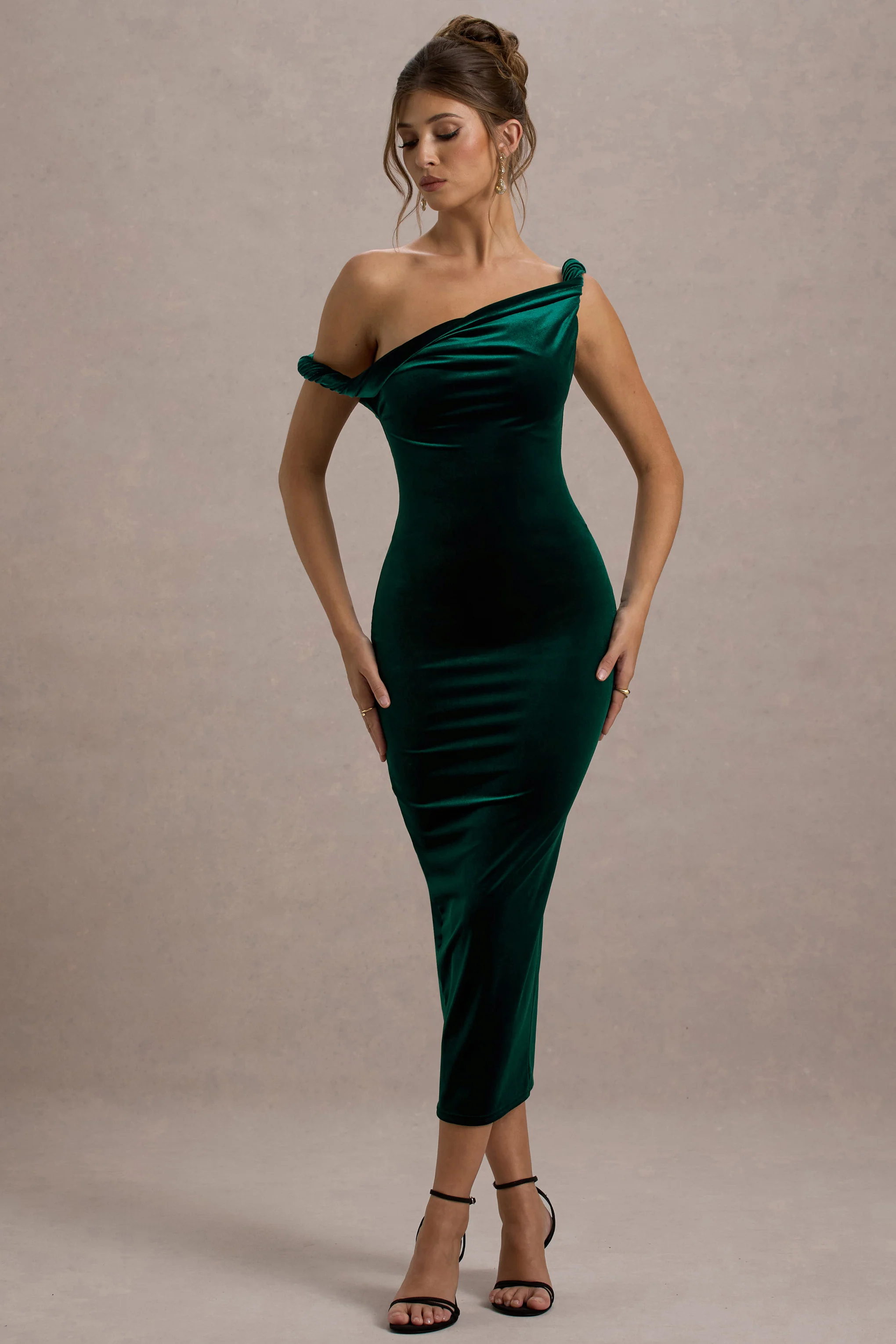 Carella | Bottle Green Velvet Twisted Asymmetric Midi Dress - Image 4