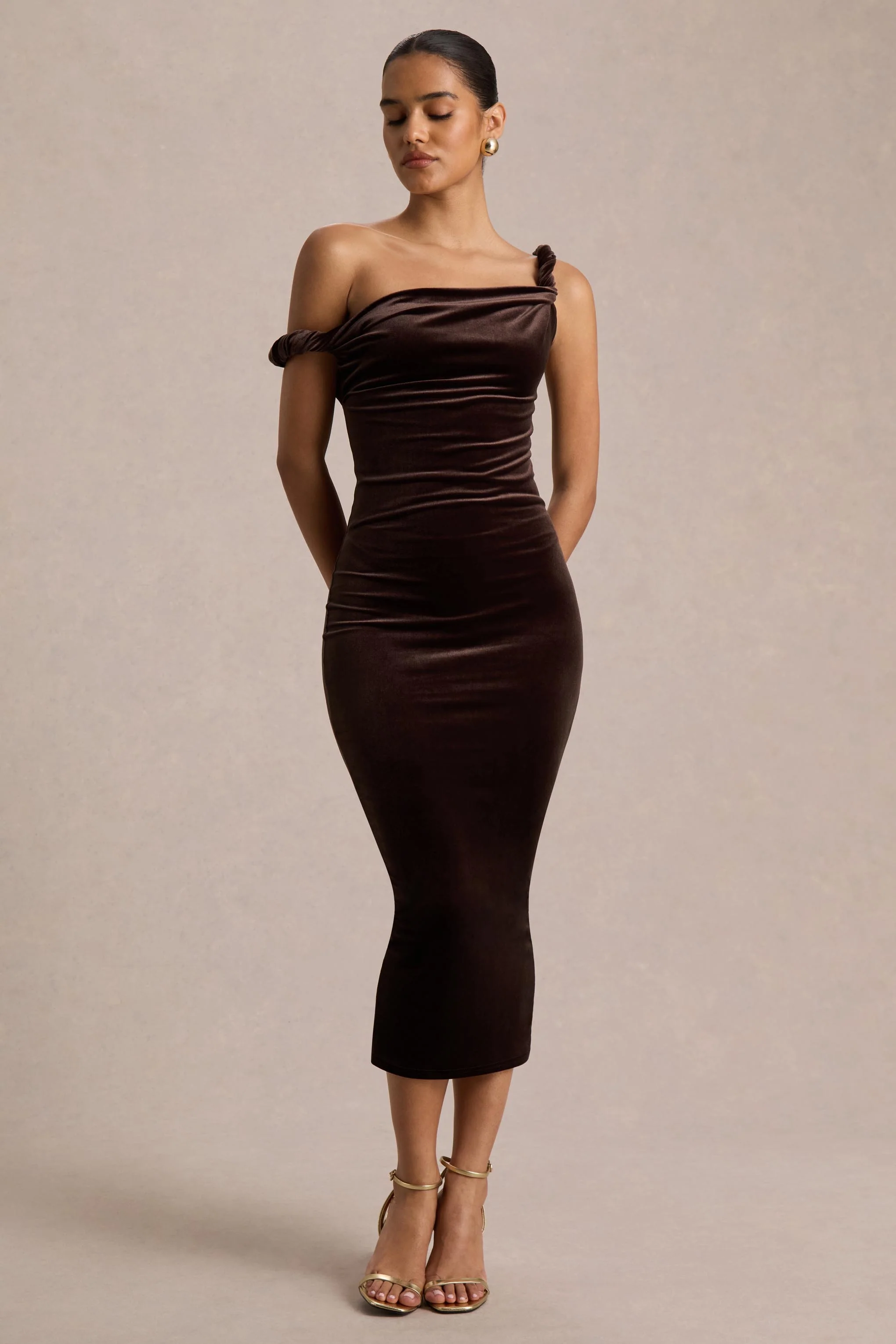 Carella | Brown Velvet Twisted Asymmetric Midi Dress - Image 3