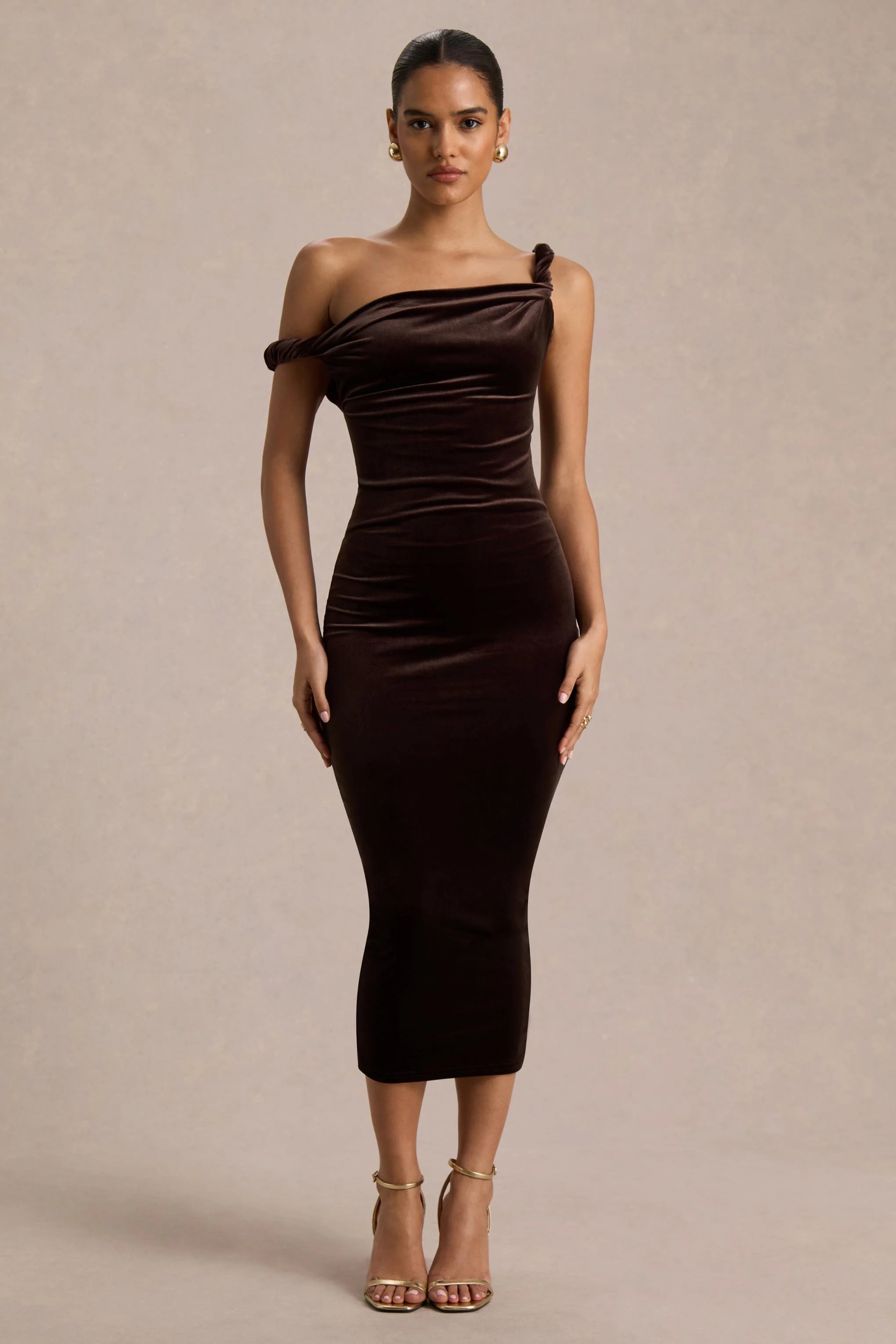 Carella | Brown Velvet Twisted Asymmetric Midi Dress - Image 5