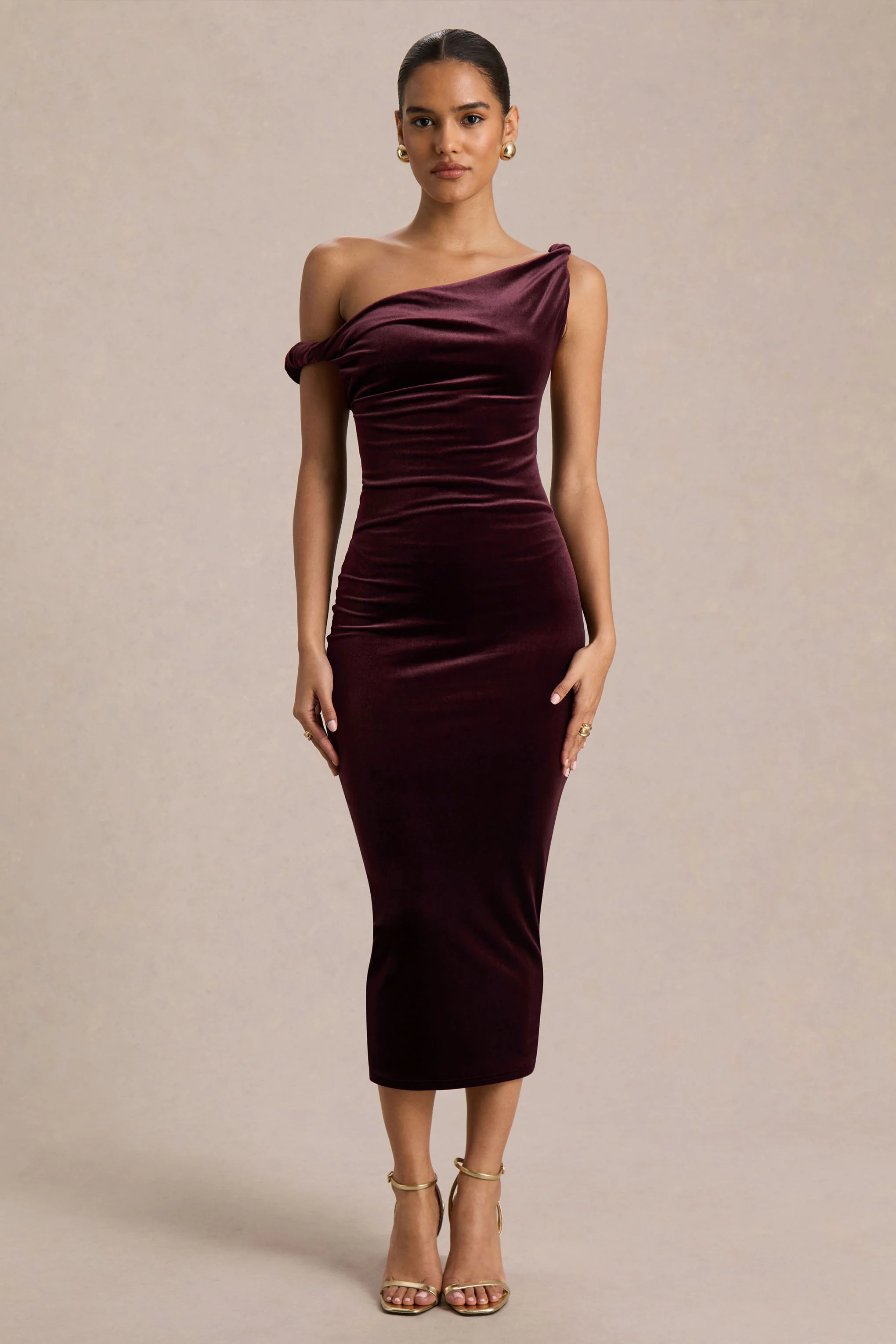 Carella | Burgundy Velvet Twisted Asymmetric Midi Dress - Image 3