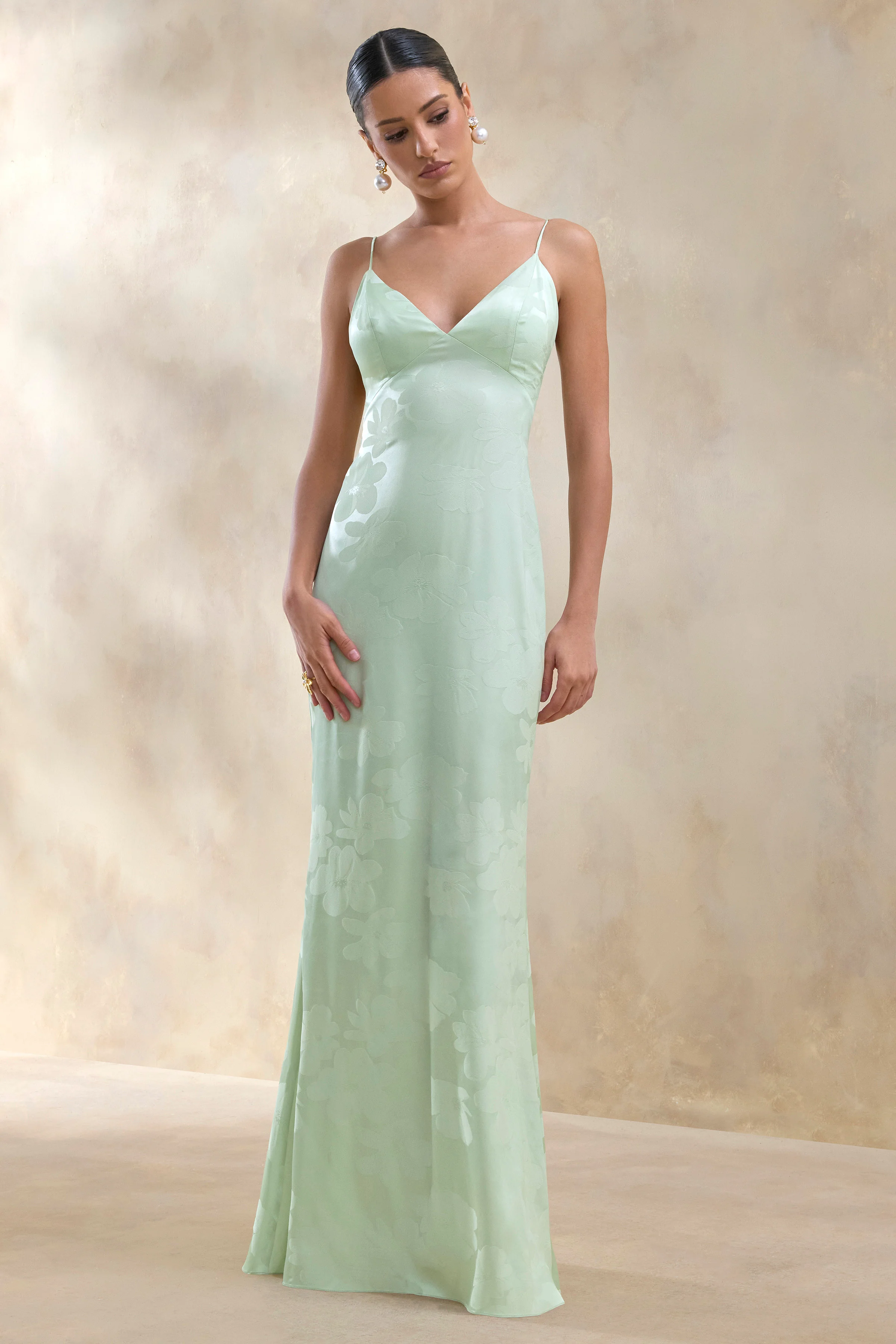Carelle | Green Satin Plunge-Neck Maxi Dress With Asymmetric Drop-Waist - Image 5
