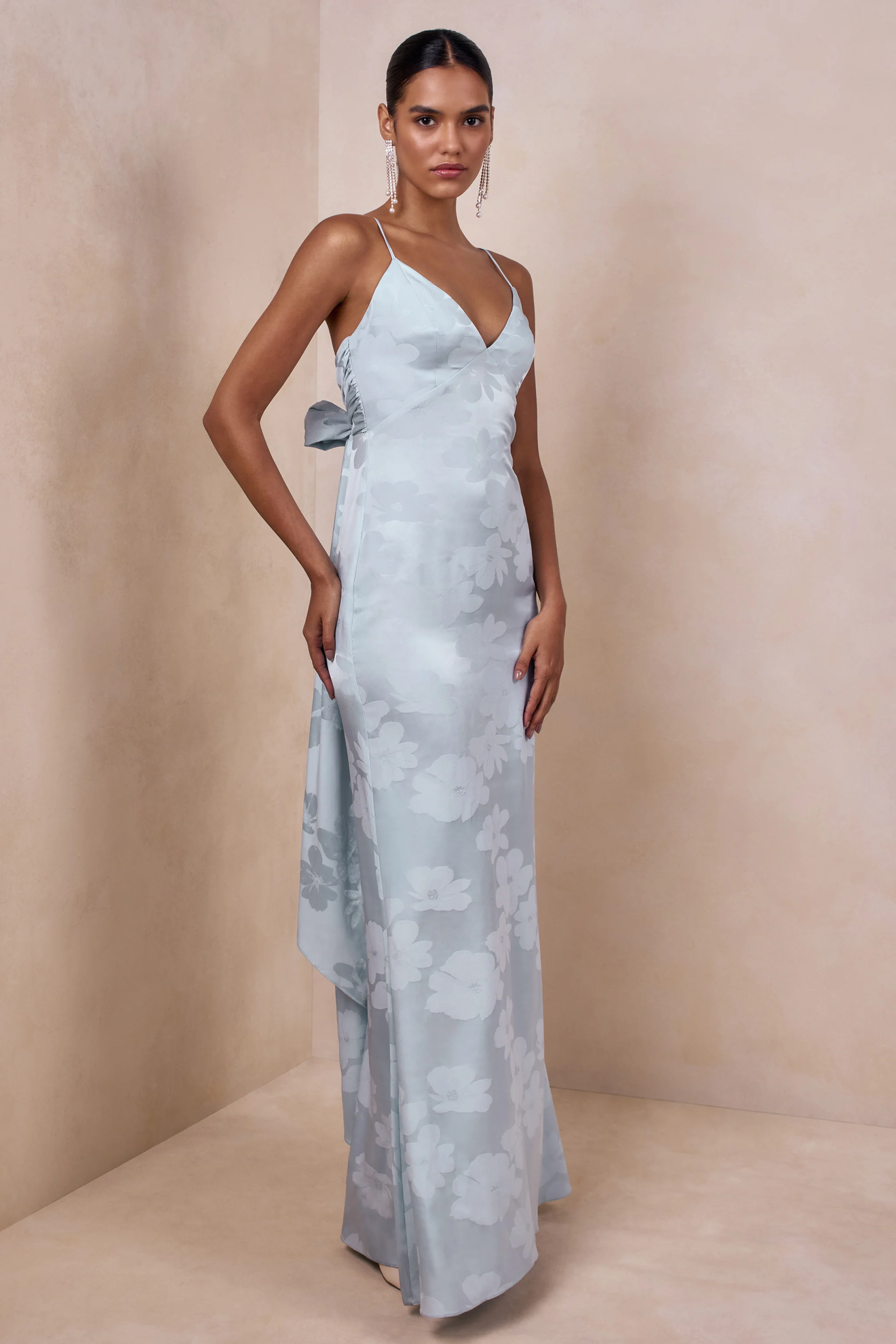 Carelle | Powder Blue Satin Plunge-Neck Maxi Dress With Asymmetric Drop-Waist - Image 4