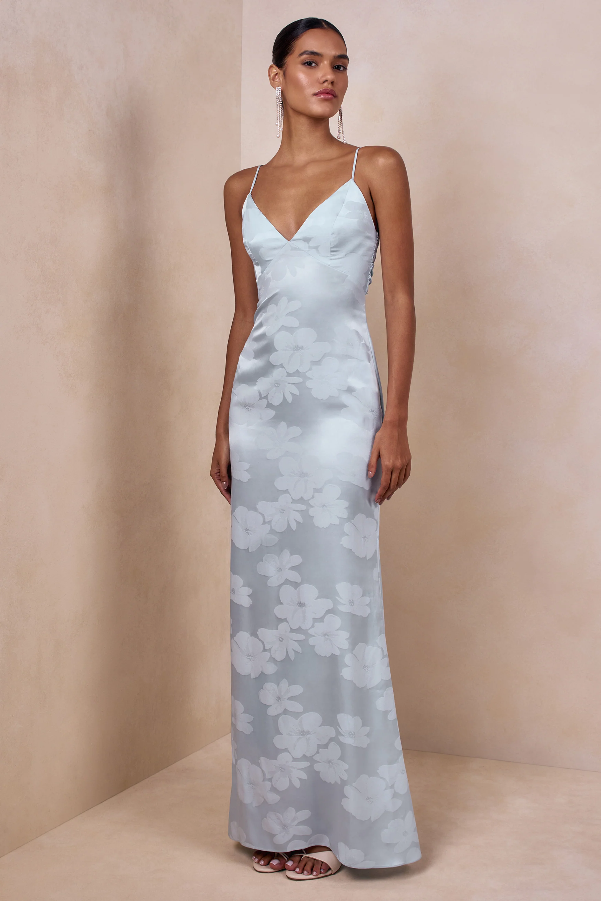 Carelle | Powder Blue Satin Plunge-Neck Maxi Dress With Asymmetric Drop-Waist - Image 6