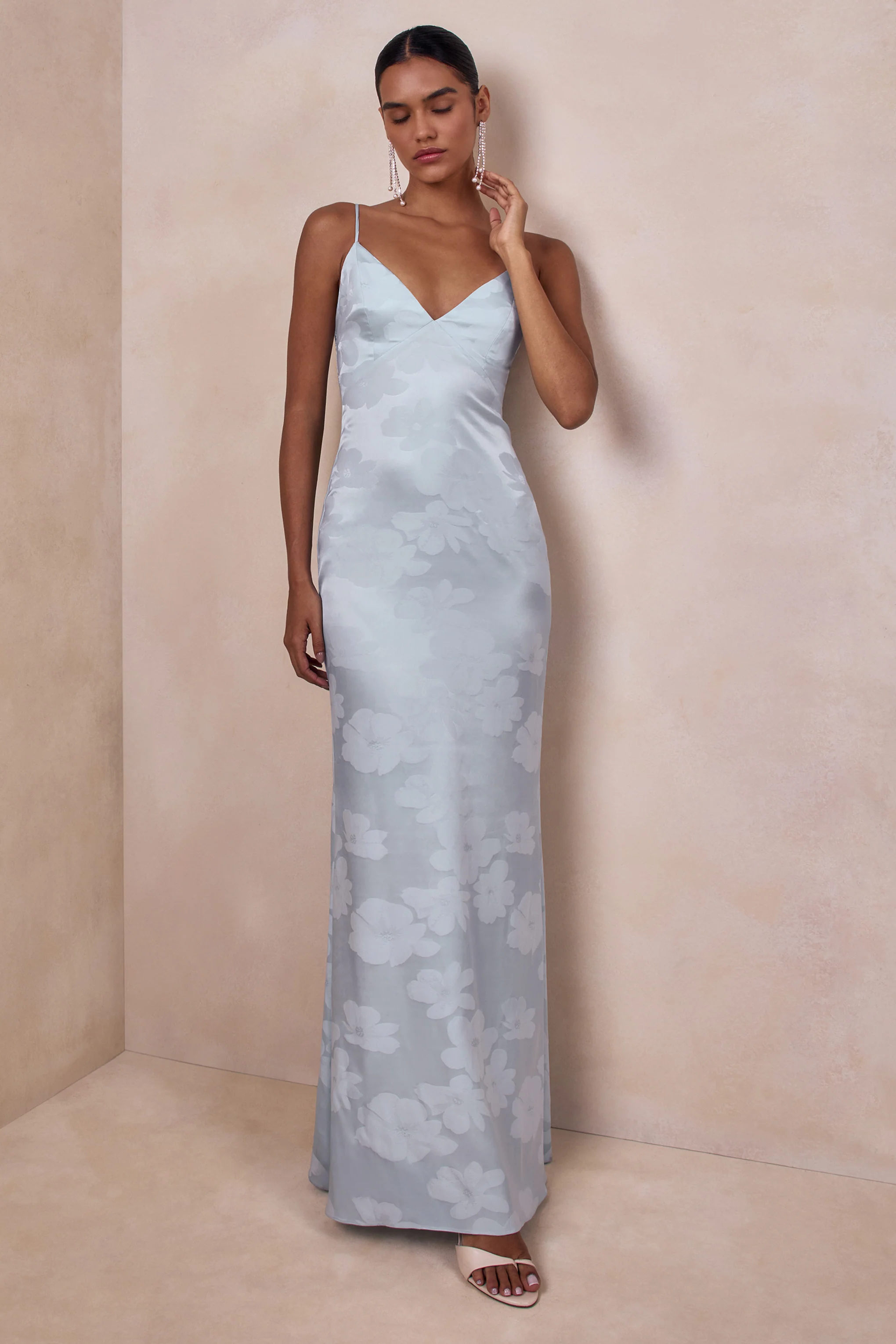 Carelle | Powder Blue Satin Plunge-Neck Maxi Dress With Asymmetric Drop-Waist - Image 8