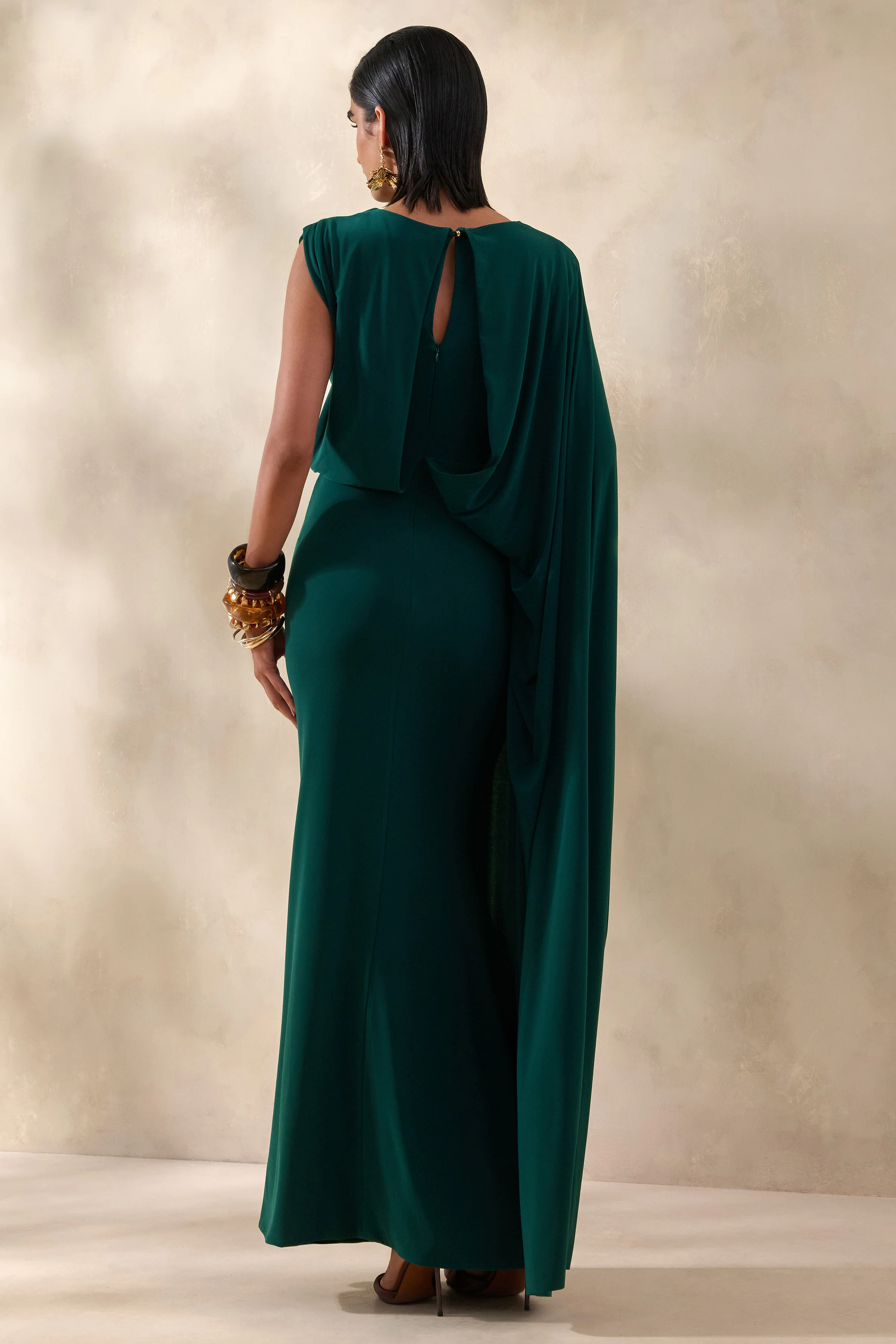 Carenza | Dark Green Wide-Neck Maxi Dress With Cape-Sleeve - Image 2