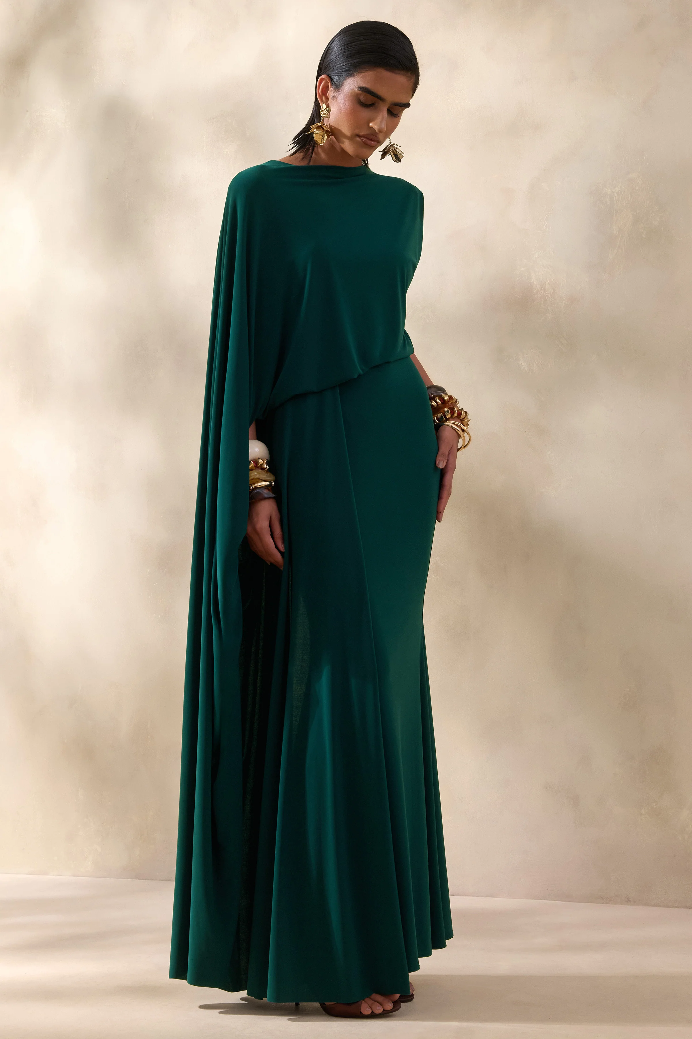 Carenza | Dark Green Wide-Neck Maxi Dress With Cape-Sleeve - Image 5
