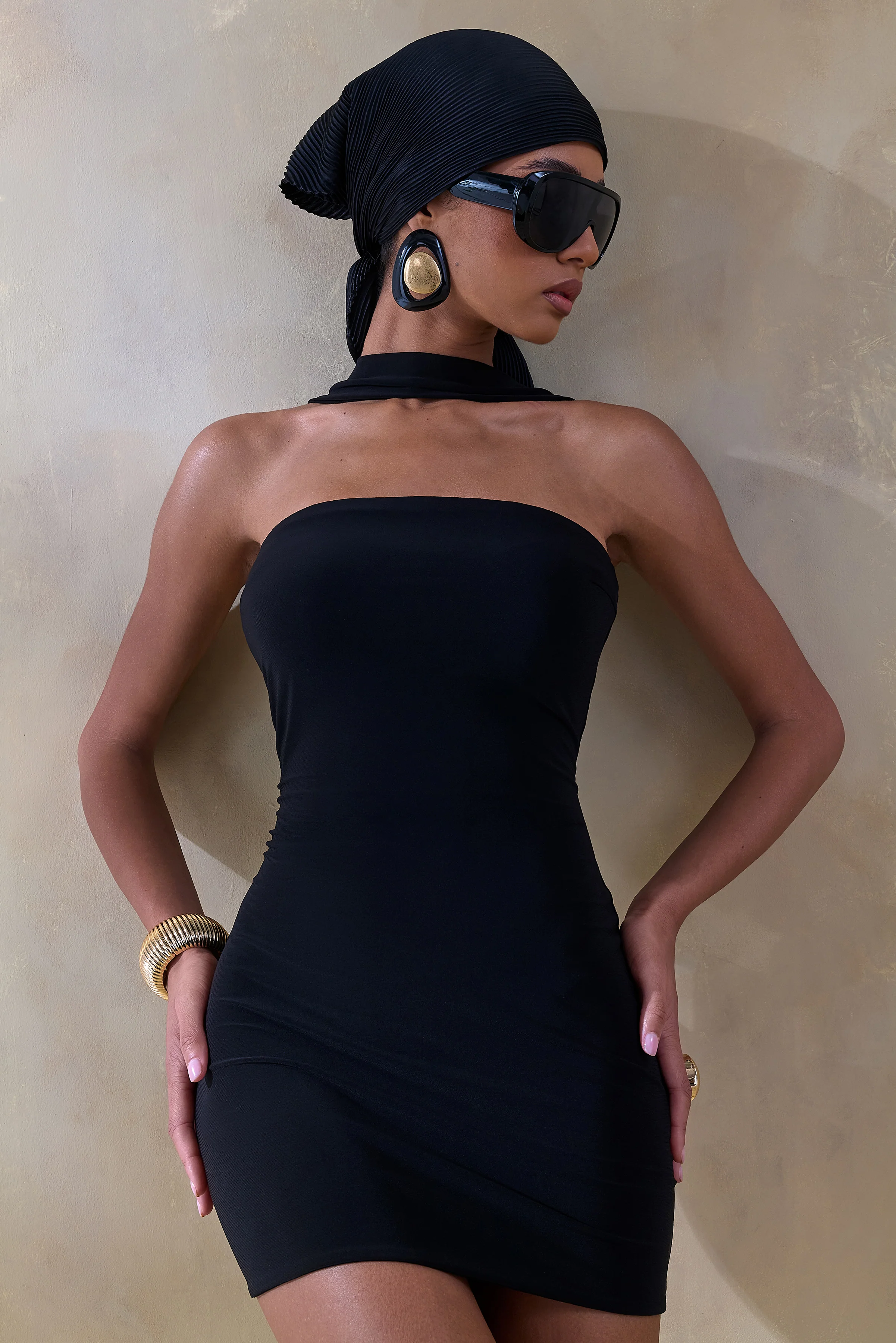 Caresse | Black Bandeau Mini-Dress With Scarf-Detail - Image 3