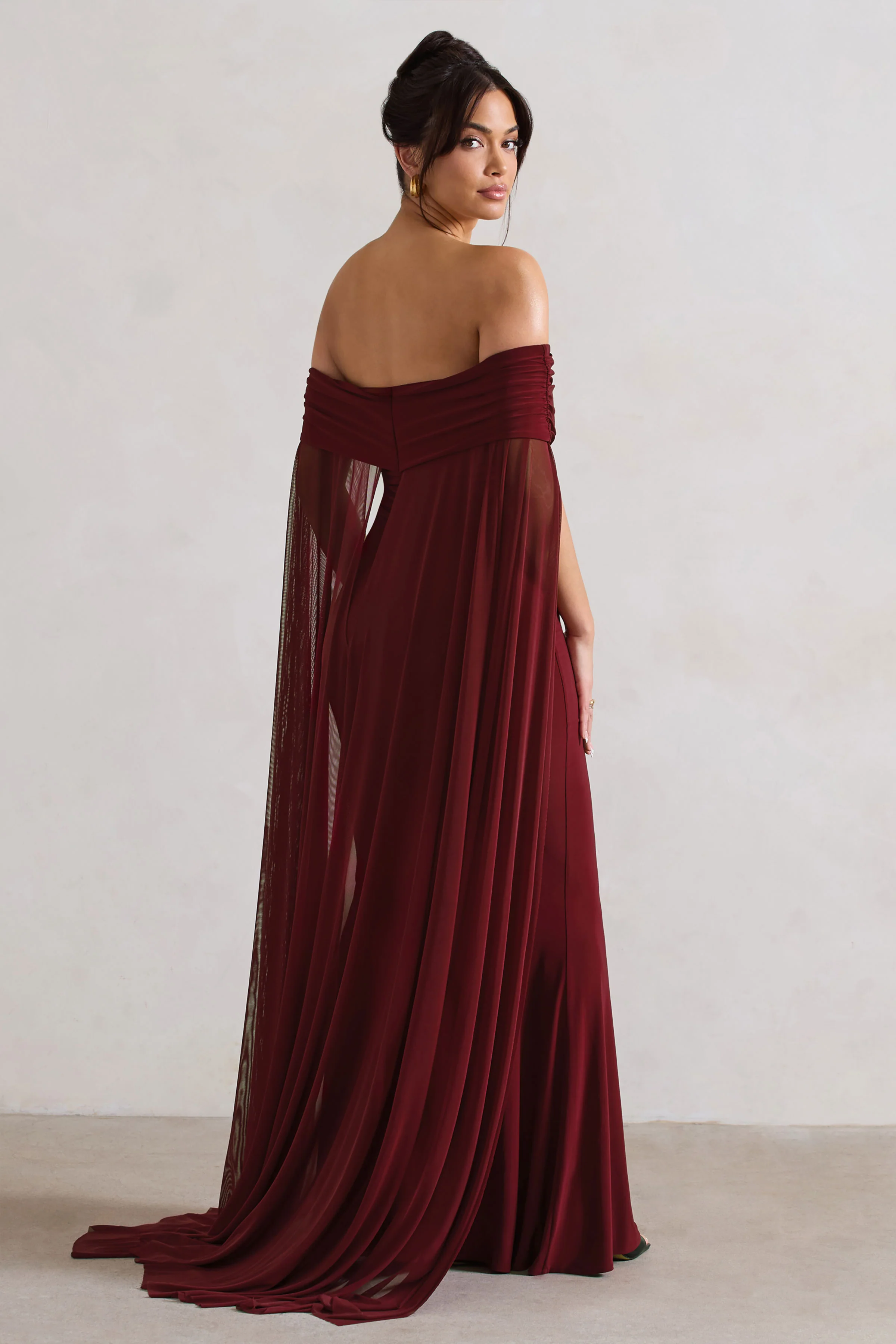 Carlotta | Berry Bardot Maxi Dress With Chiffon Cape - Image 2