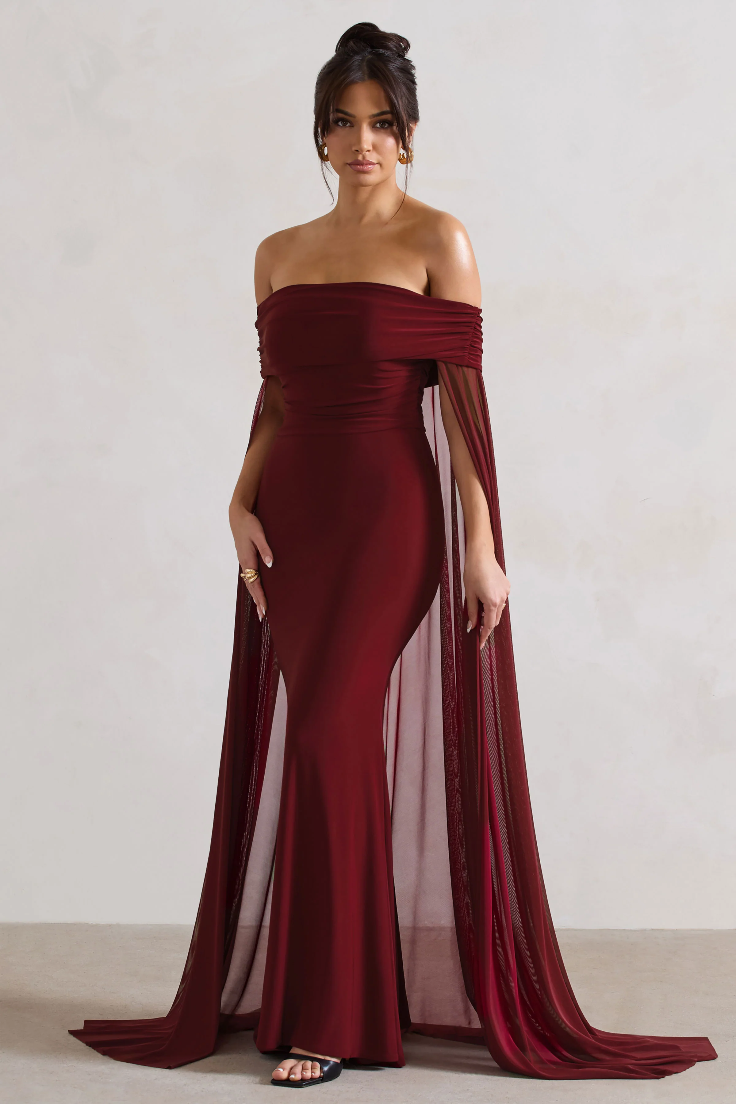 Carlotta | Berry Bardot Maxi Dress With Chiffon Cape - Image 4