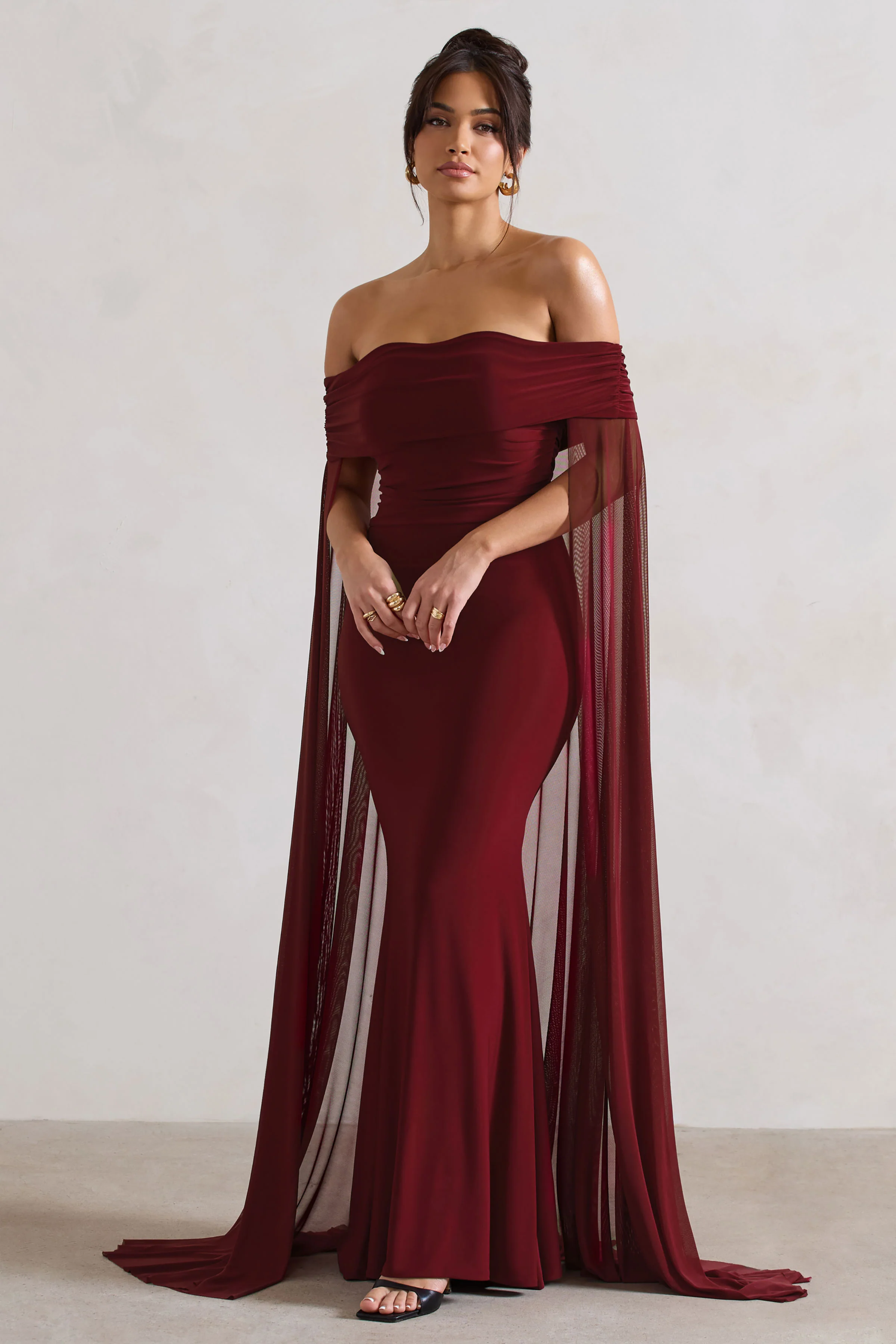 Carlotta | Berry Bardot Maxi Dress With Chiffon Cape - Image 5