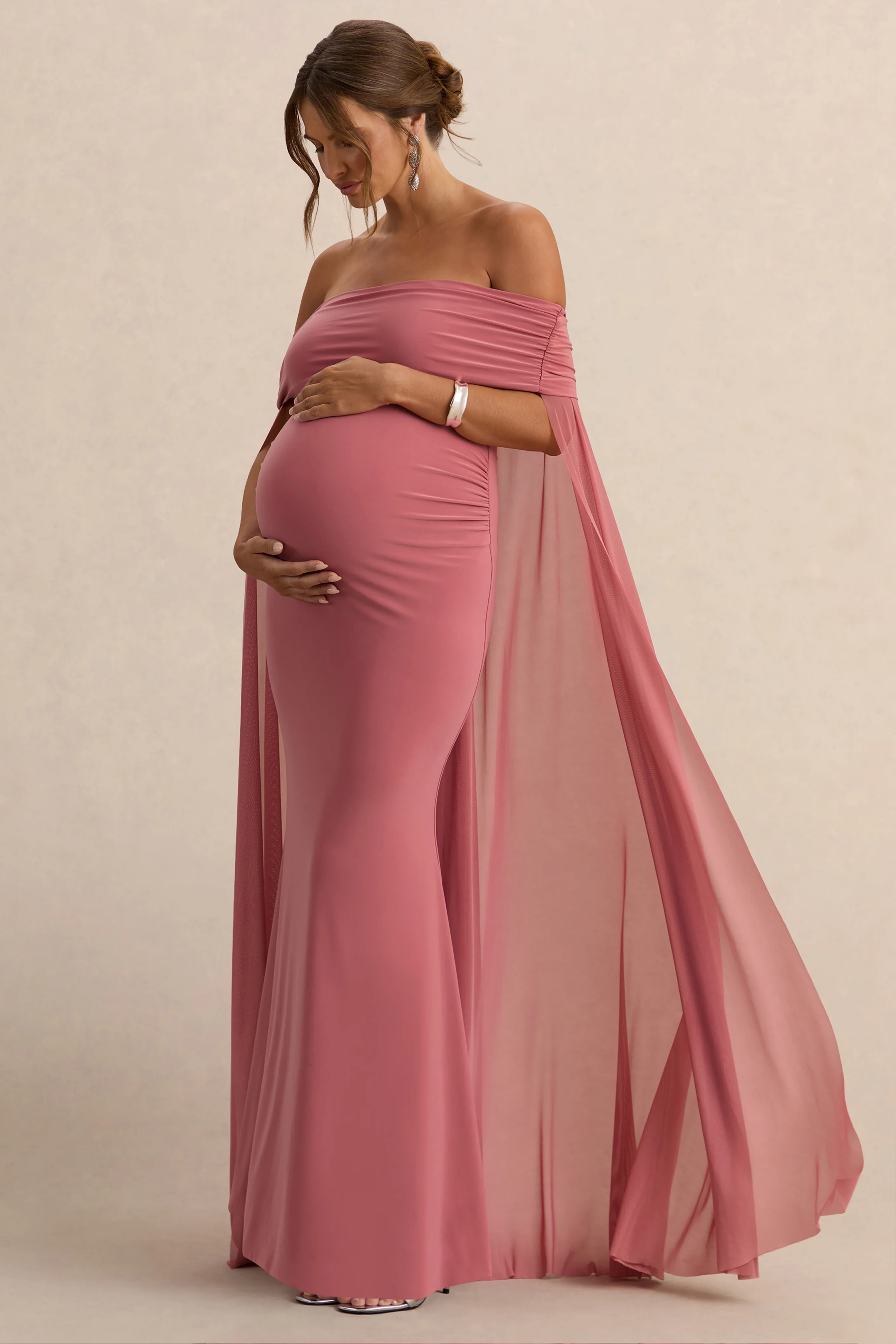 Carlotta | Blush Pink Bardot Maternity Maxi Dress With Chiffon Cape - Image 4