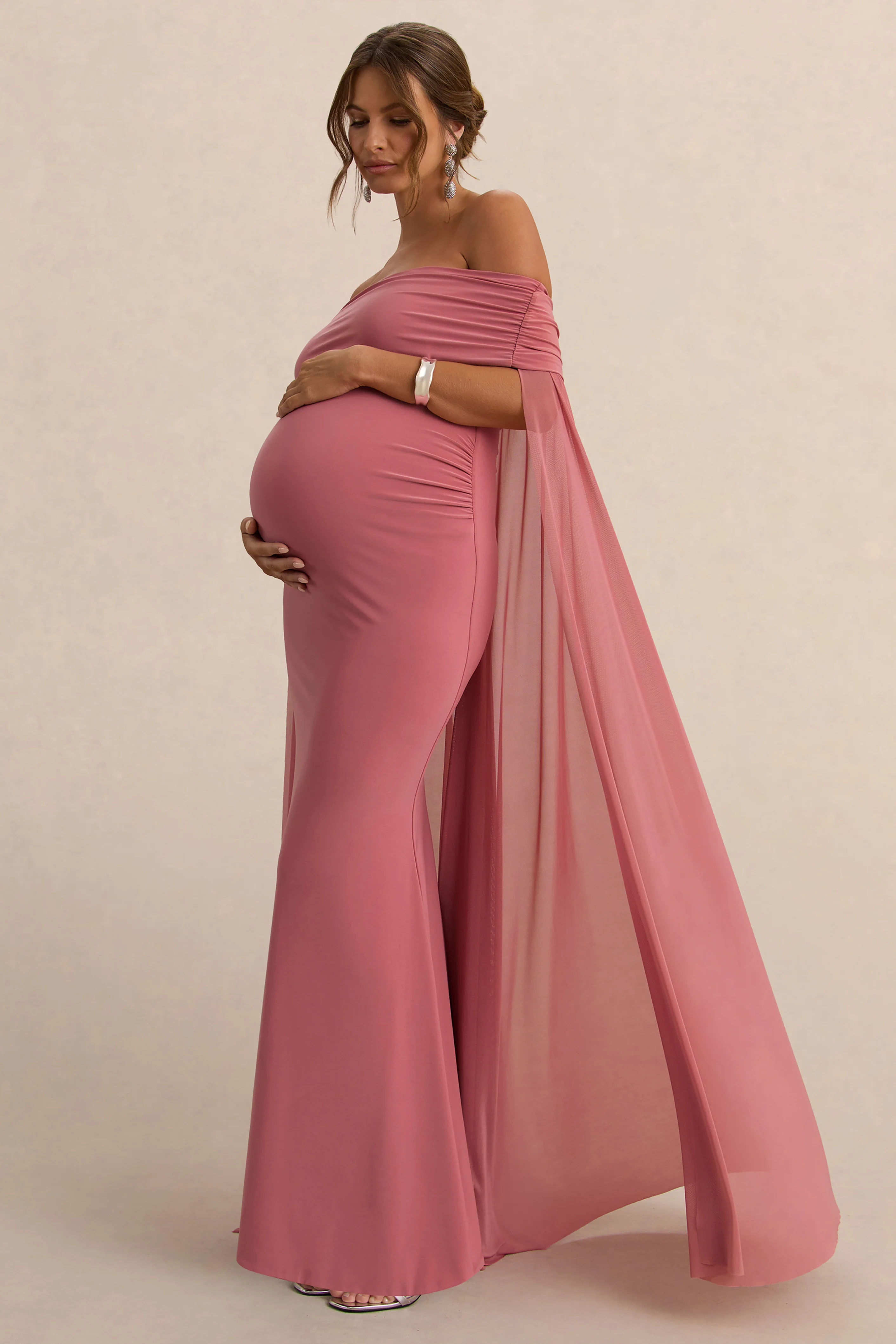 Carlotta | Blush Pink Bardot Maternity Maxi Dress With Chiffon Cape - Image 6