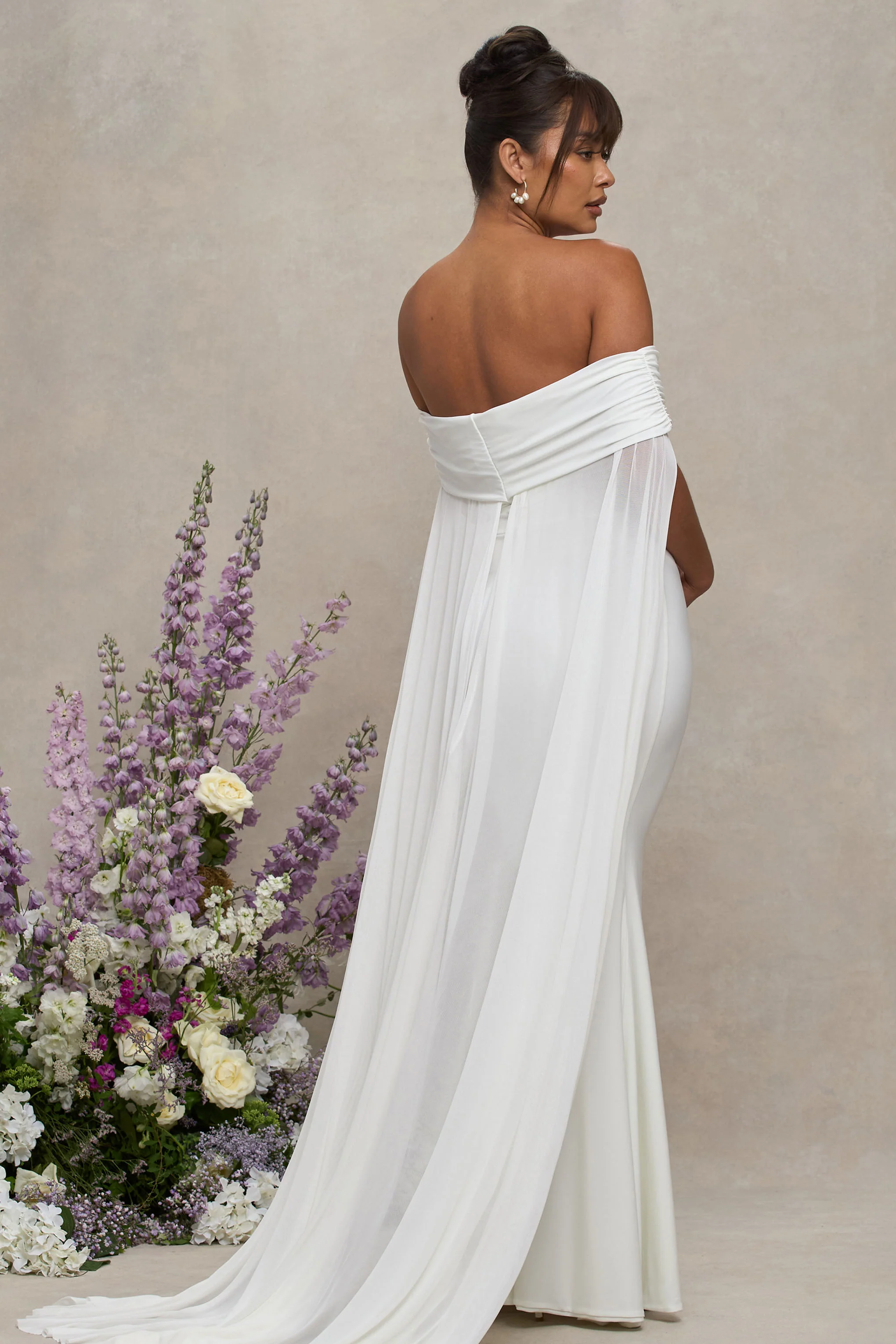Carlotta | White Bardot Maternity Maxi Dress With Chiffon Cape - Image 2