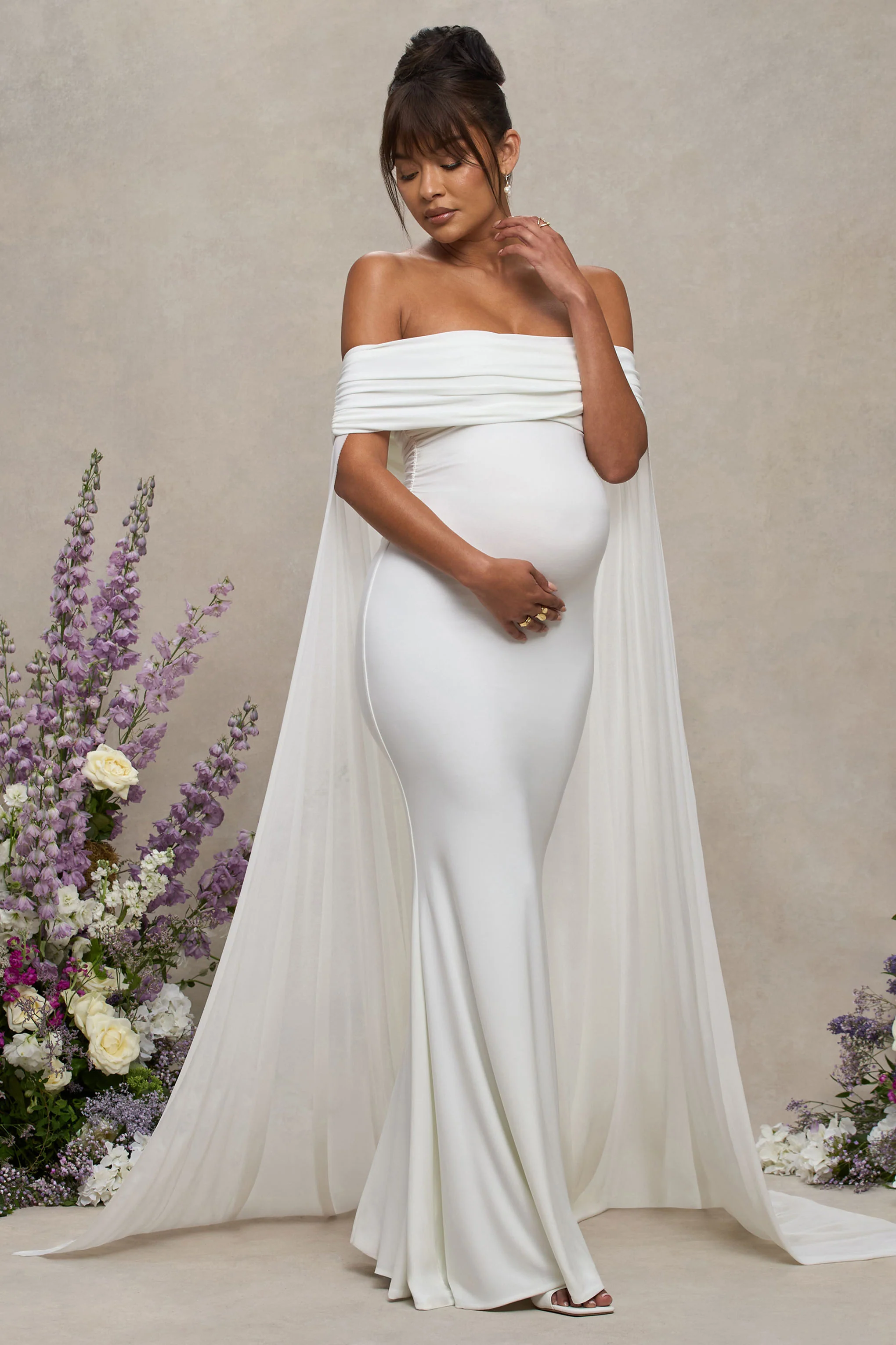 Carlotta | White Bardot Maternity Maxi Dress With Chiffon Cape - Image 5
