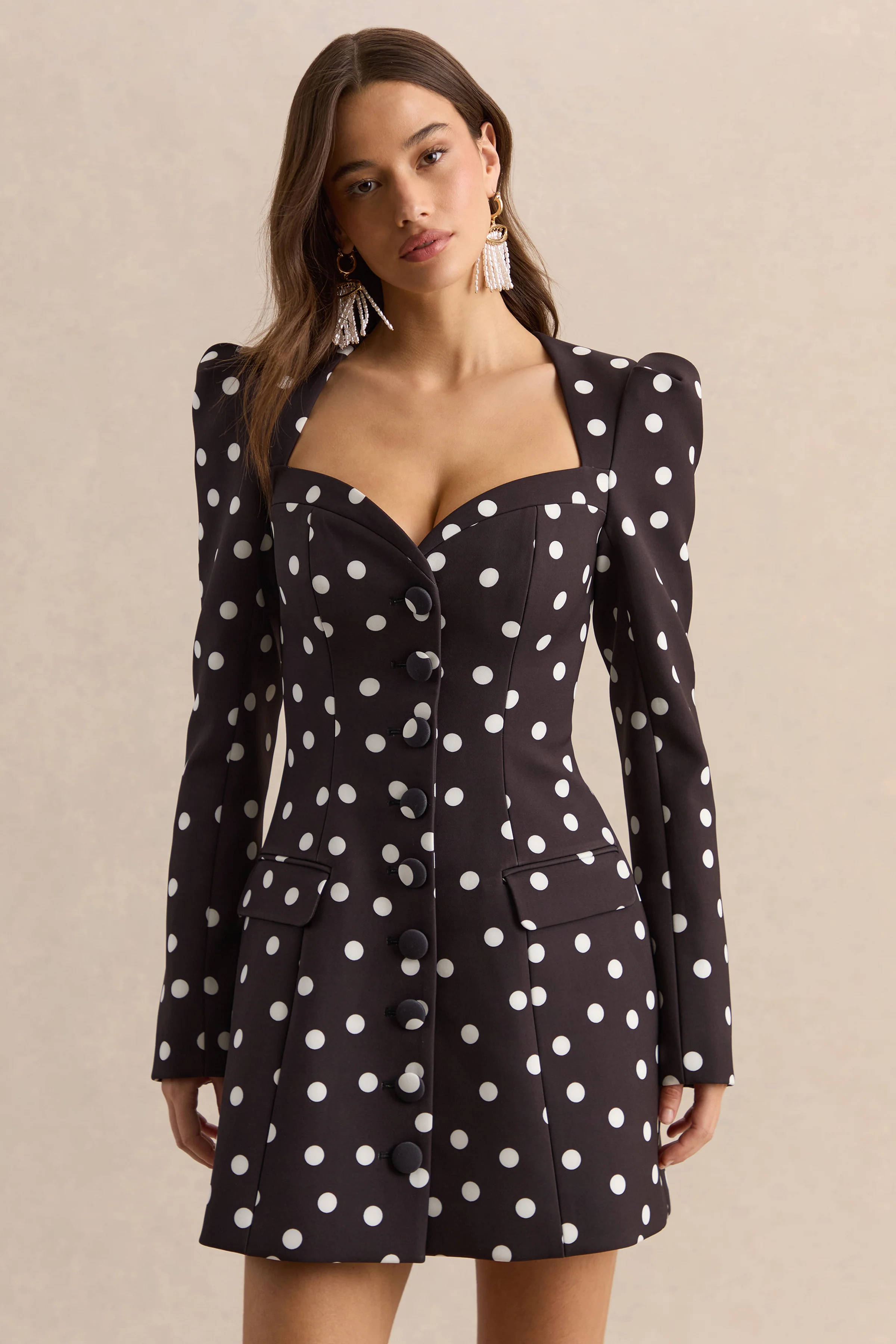 Carmen | Black & White Polka Dot Sweetheart-Neck Tailored Mini Dress - Image 3