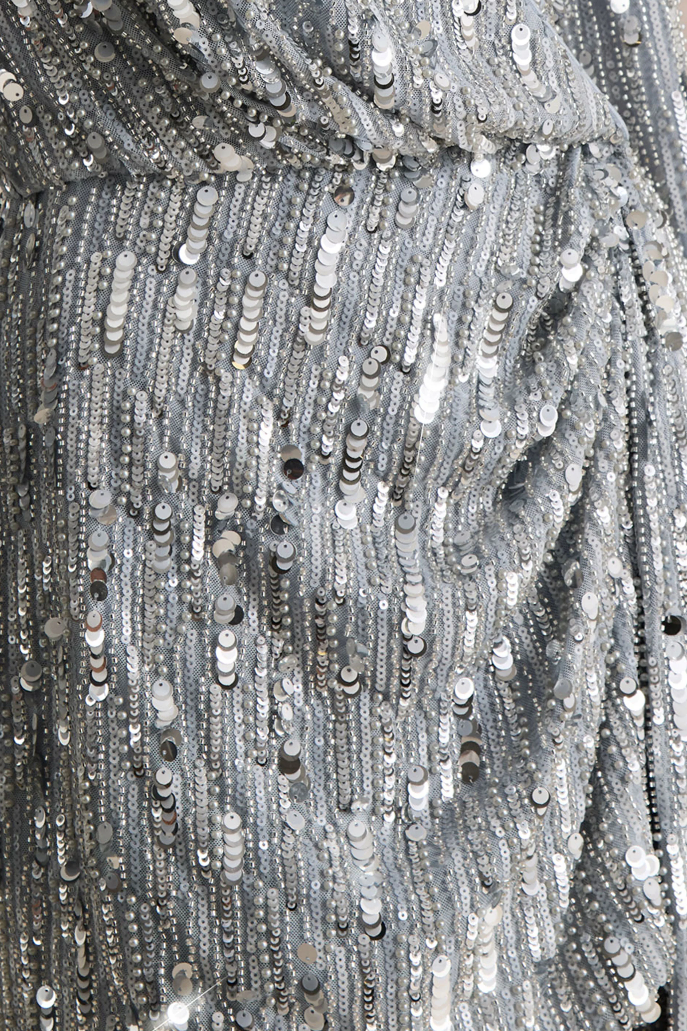 Carmina | Silver Sequin Plunge-Neck Wrap Mini Dress With Sash Detail - Image 6