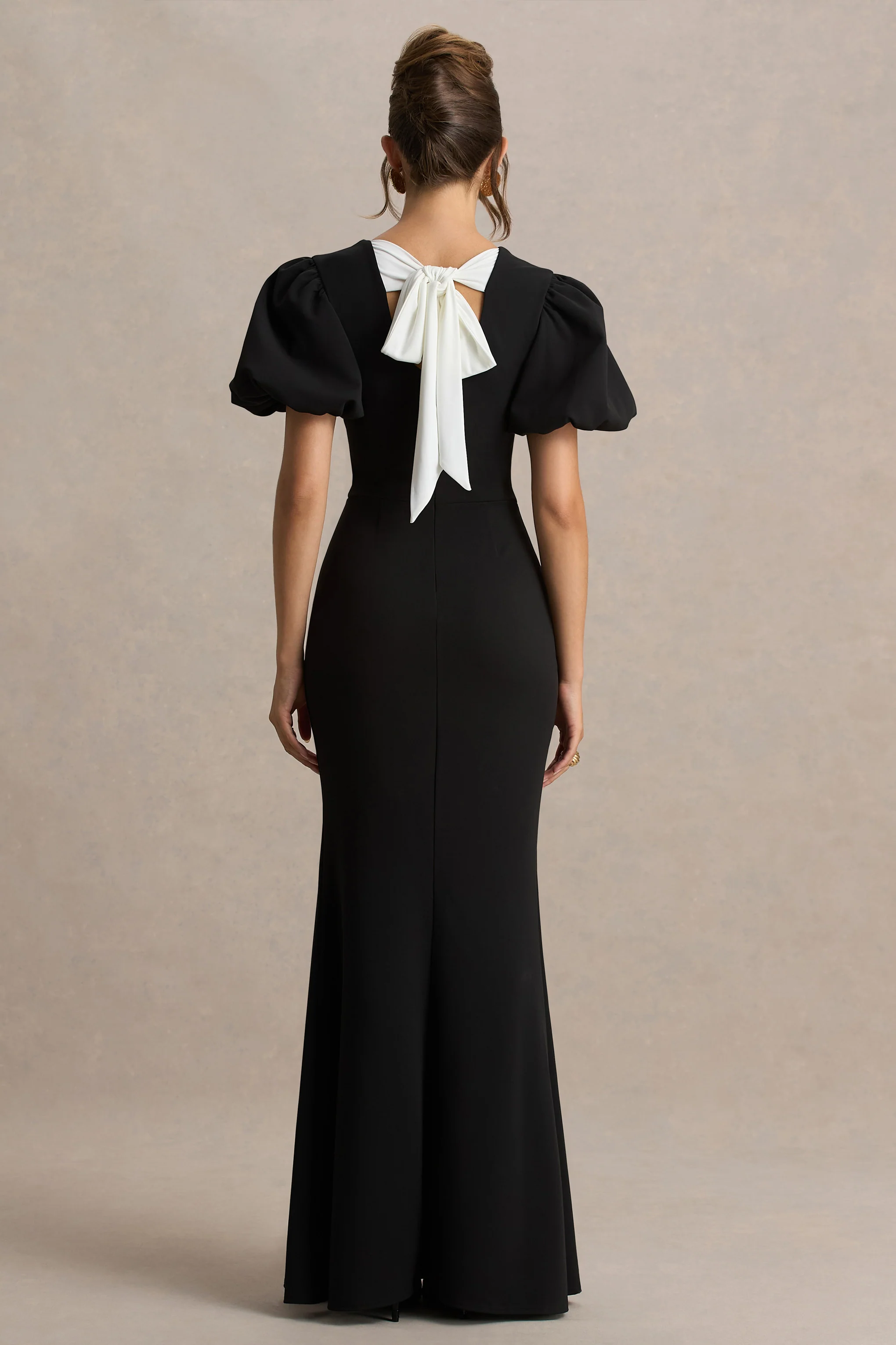 Carolina | Black Puff-Sleeve Maxi Dress With White Bow Detail - Image 2