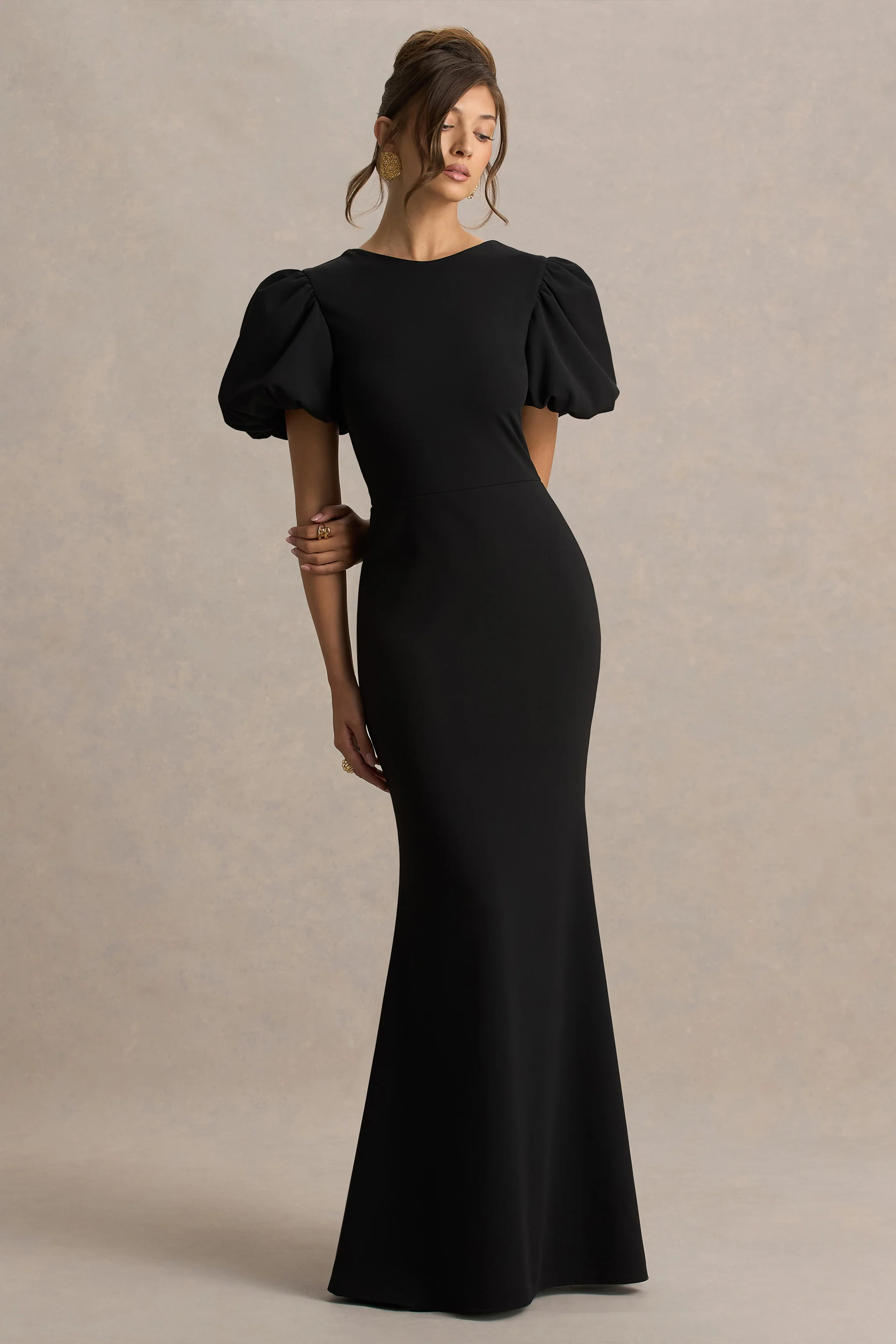 Carolina | Black Puff-Sleeve Maxi Dress With White Bow Detail - Image 4