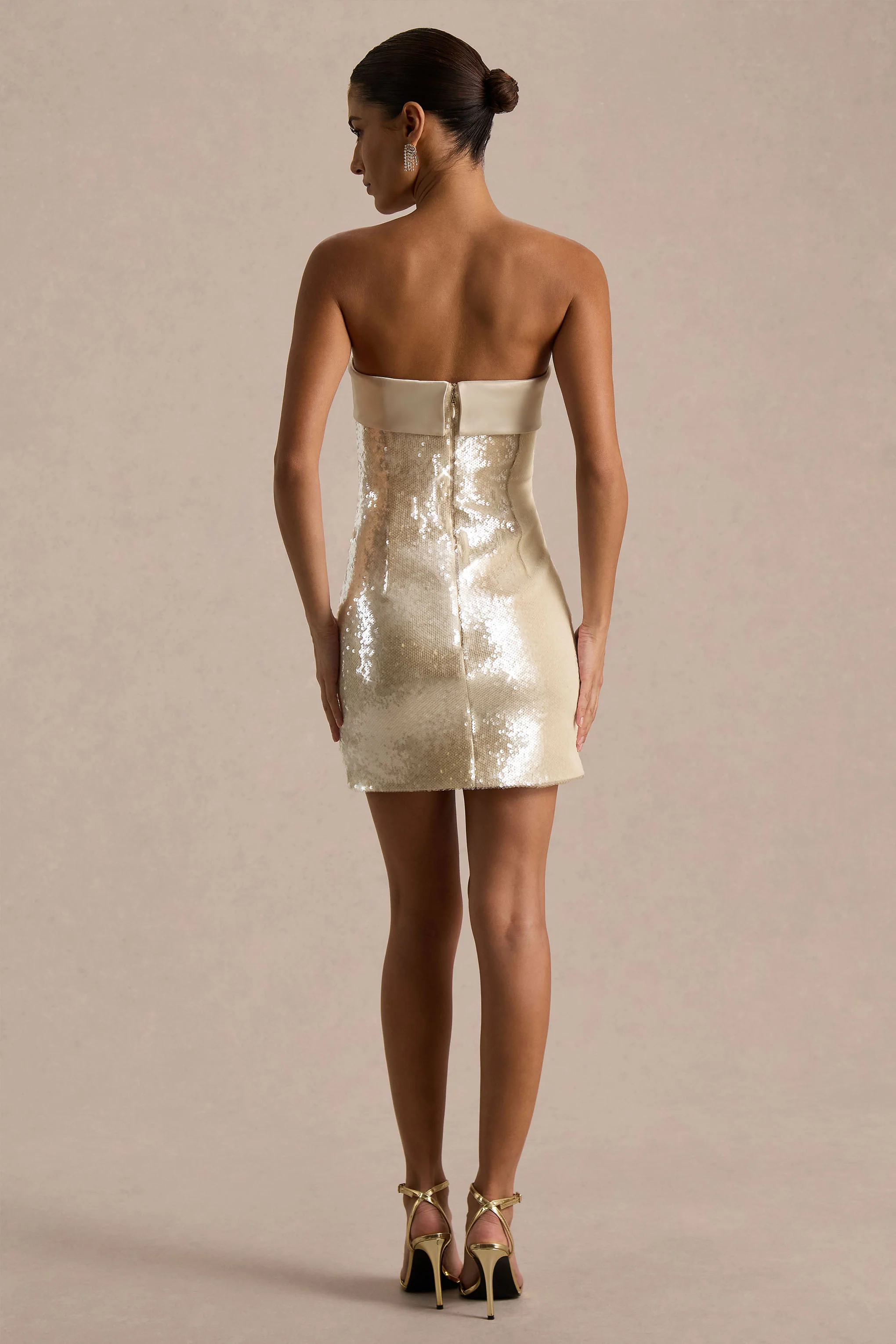Casandra | Champagne Sequin Bandeau Mini Dress With Satin Trim - Image 2