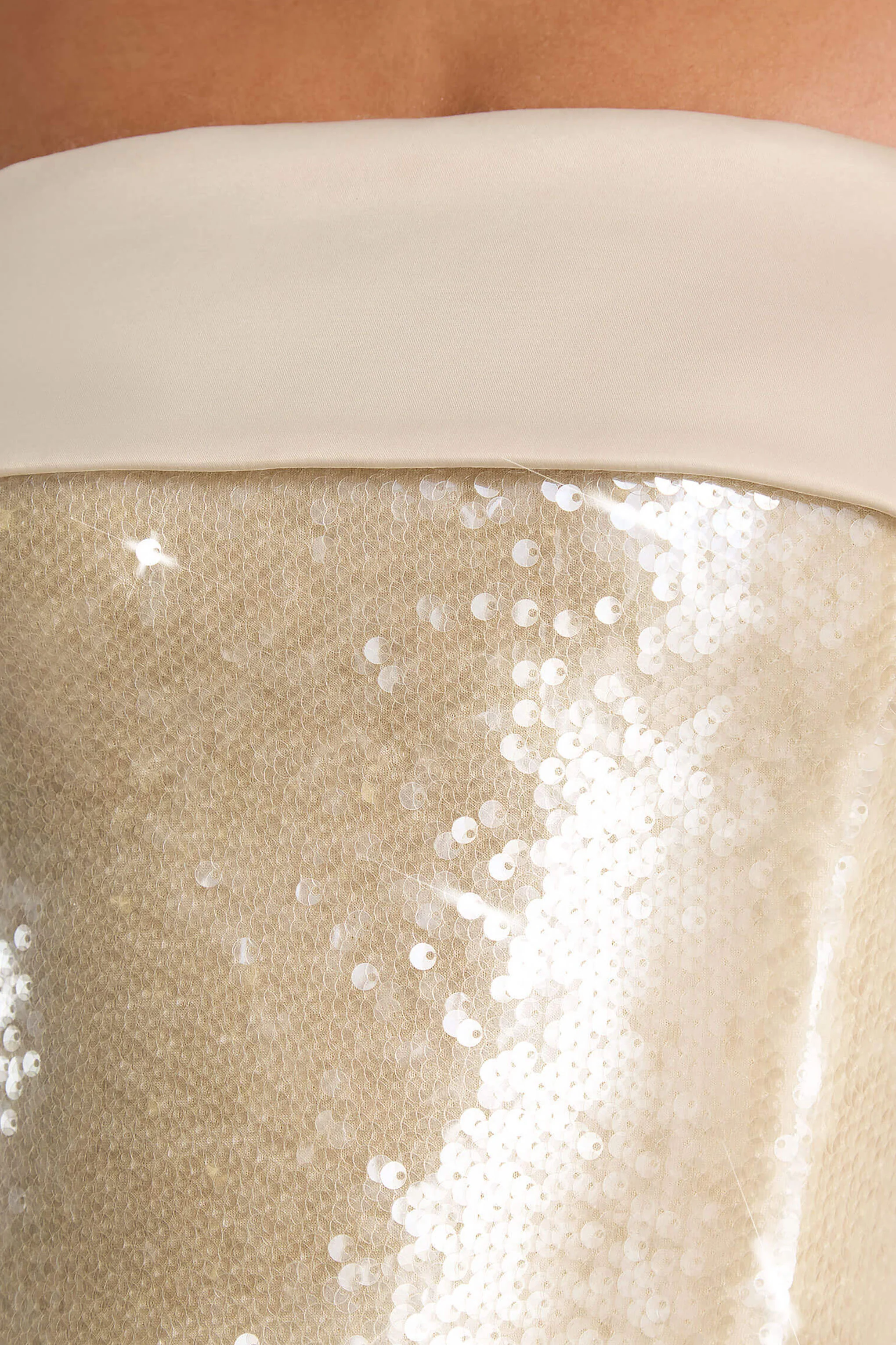 Casandra | Champagne Sequin Bandeau Mini Dress With Satin Trim - Image 6