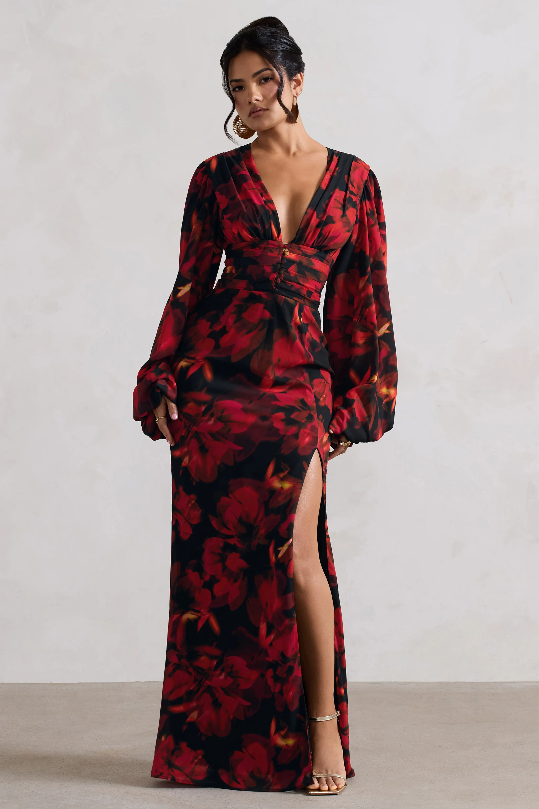 Casarile | Red Floral Print V-Neck Balloon Sleeve Maxi Dress - Image 4
