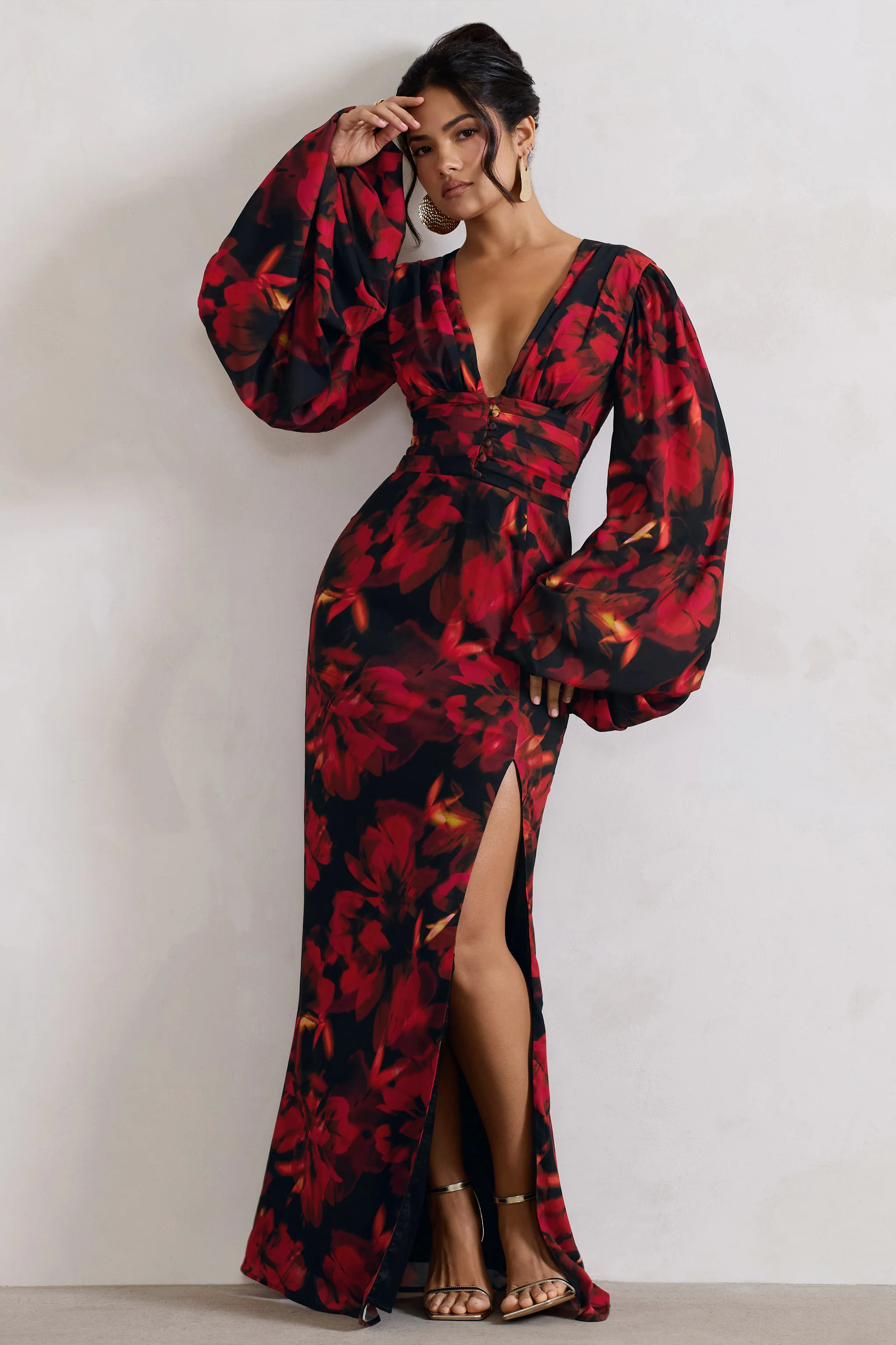 Casarile | Red Floral Print V-Neck Balloon Sleeve Maxi Dress - Image 5