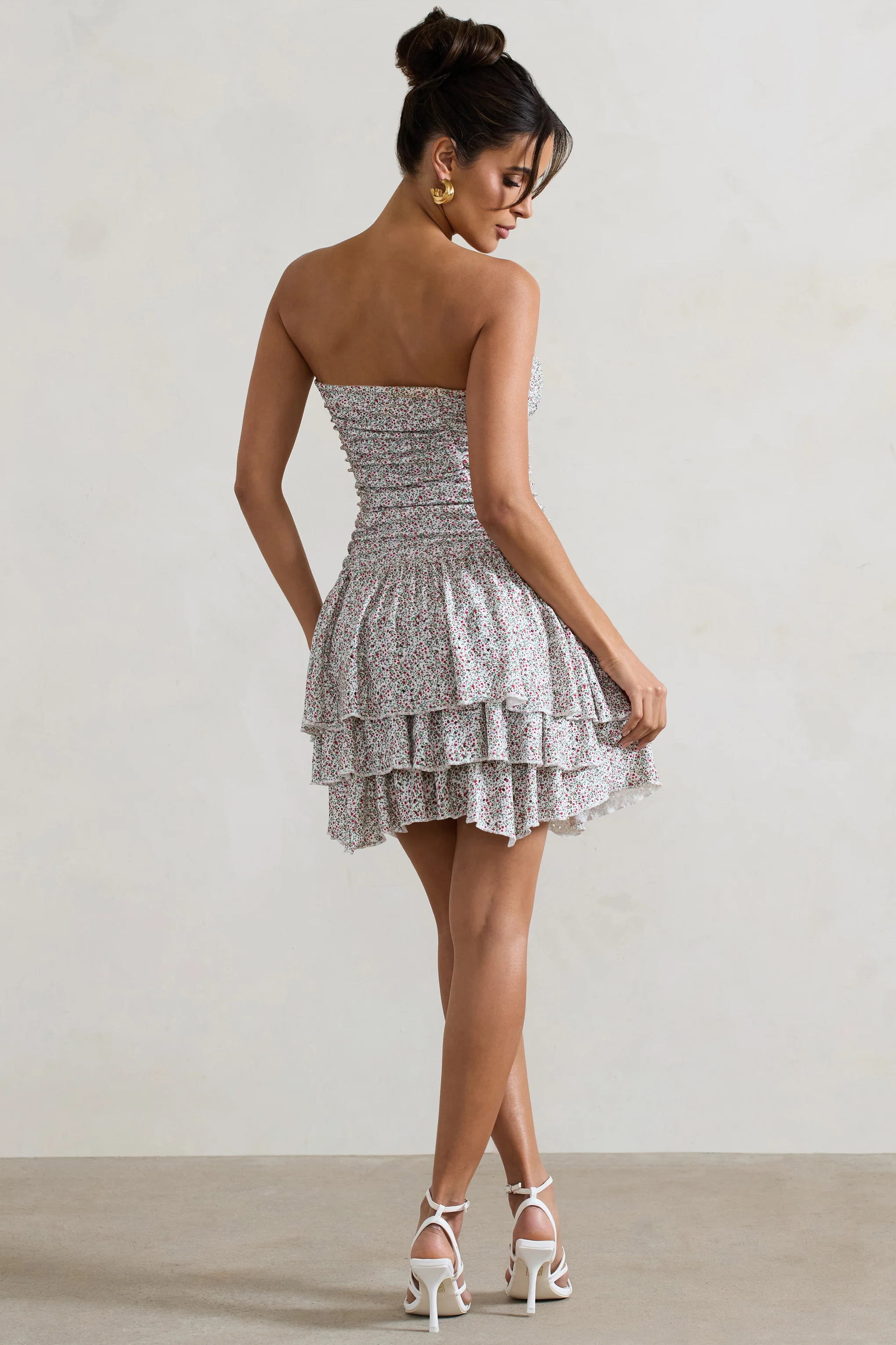 Casena | Red & White Floral Print Strapless Ruffle Hem Mini Dress - Image 2