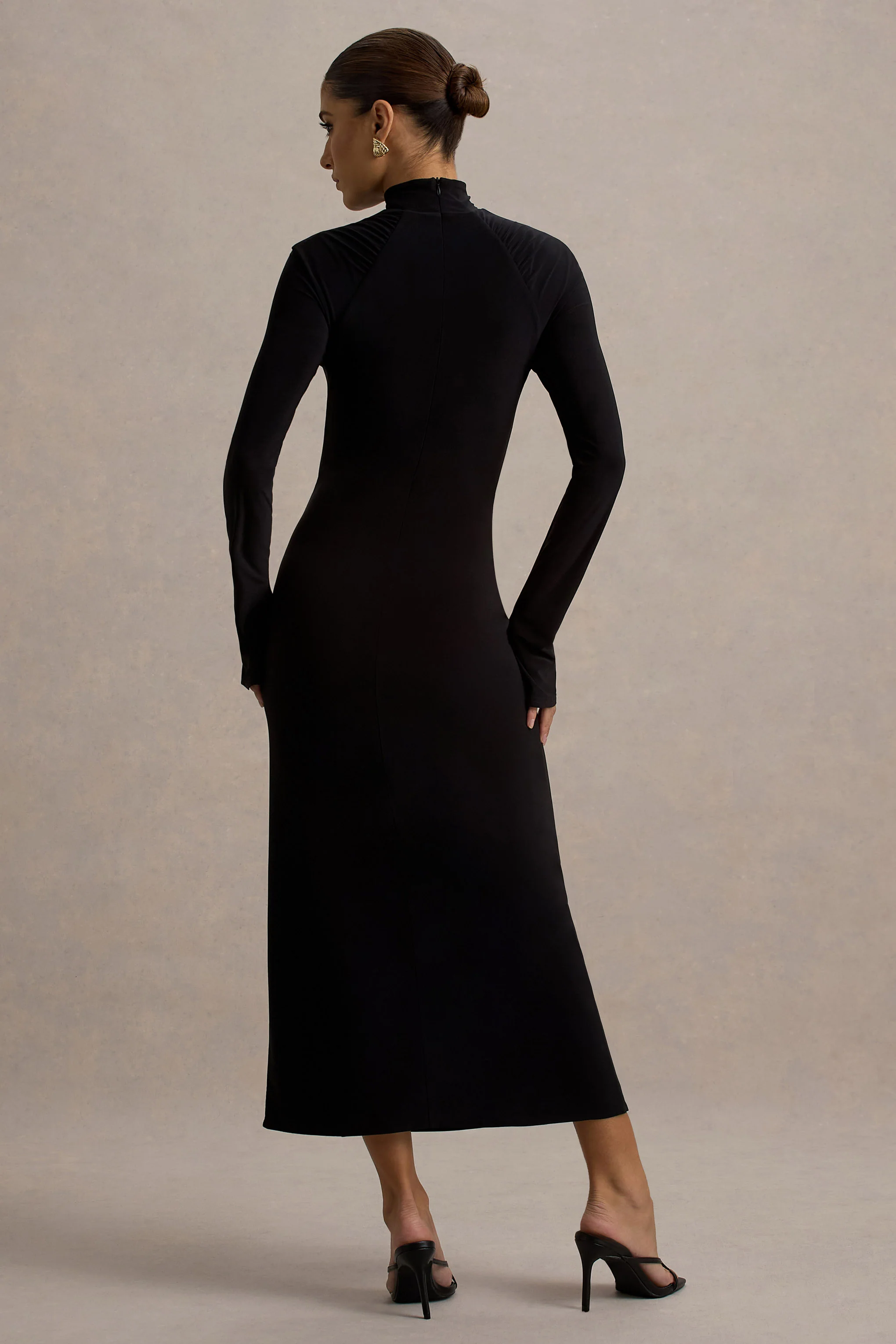 Cassandra | Black High-Neck Long-Sleeve Midi Dress - Image 2