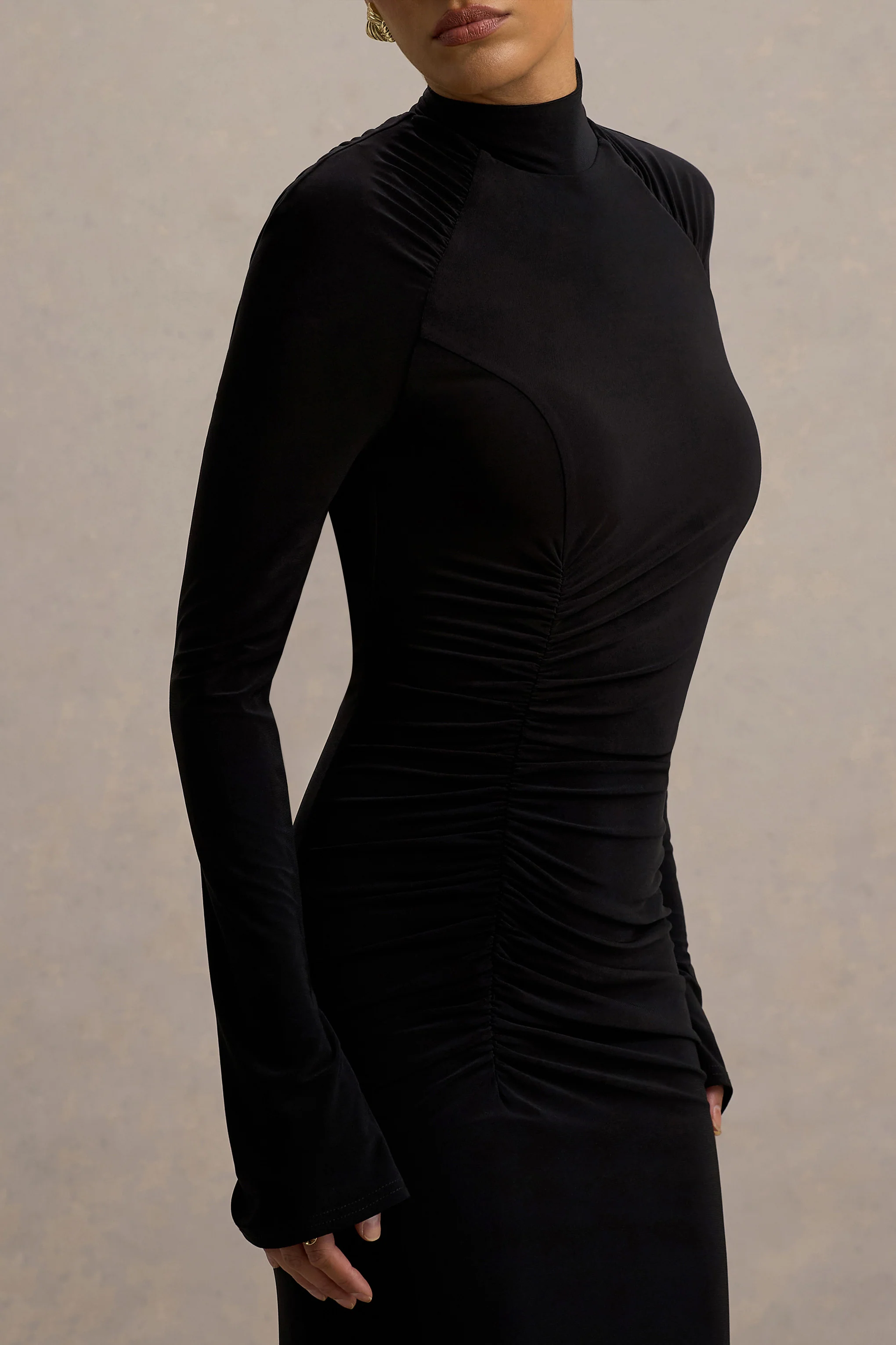 Cassandra | Black High-Neck Long-Sleeve Midi Dress - Image 3