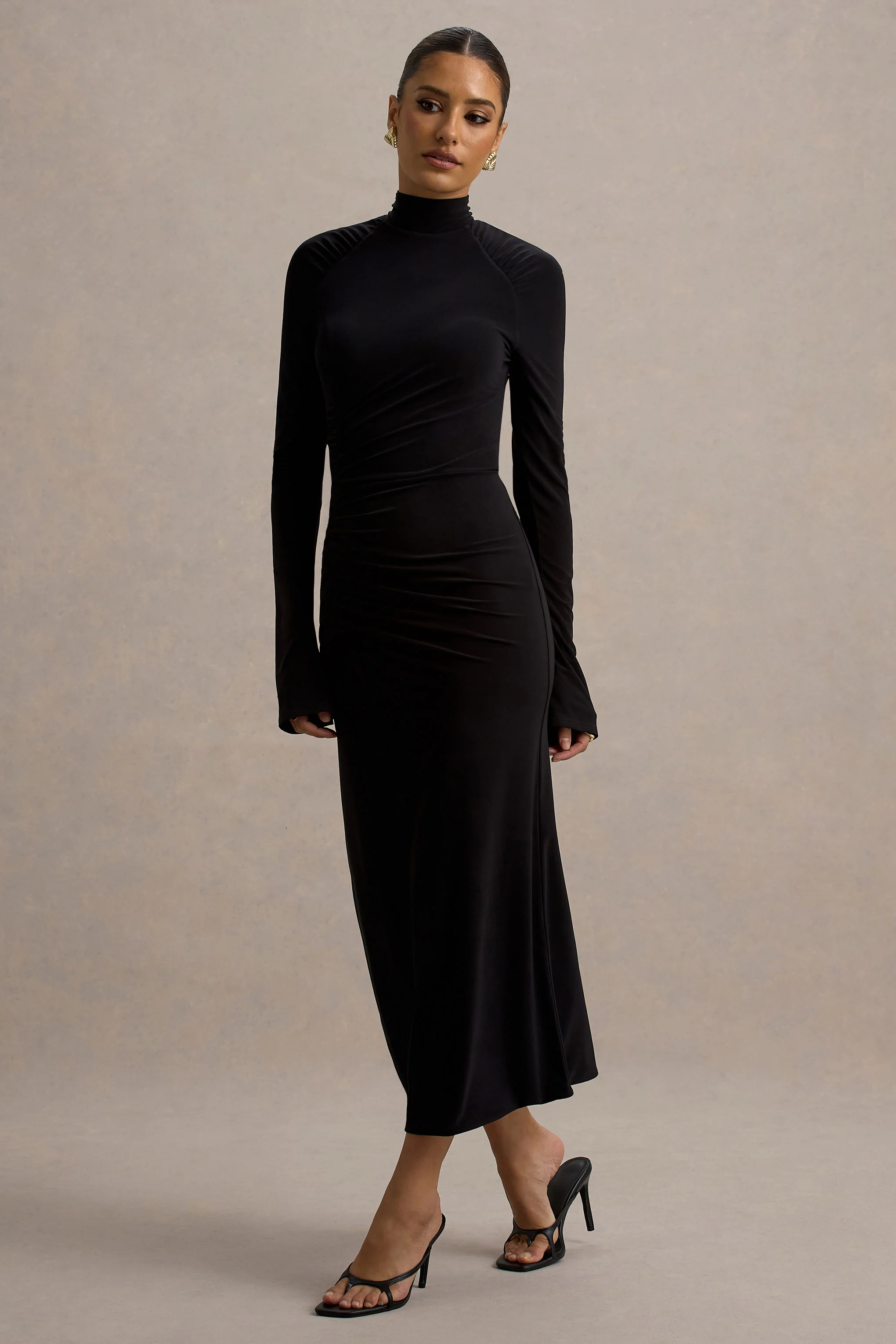 Cassandra | Black High-Neck Long-Sleeve Midi Dress - Image 4