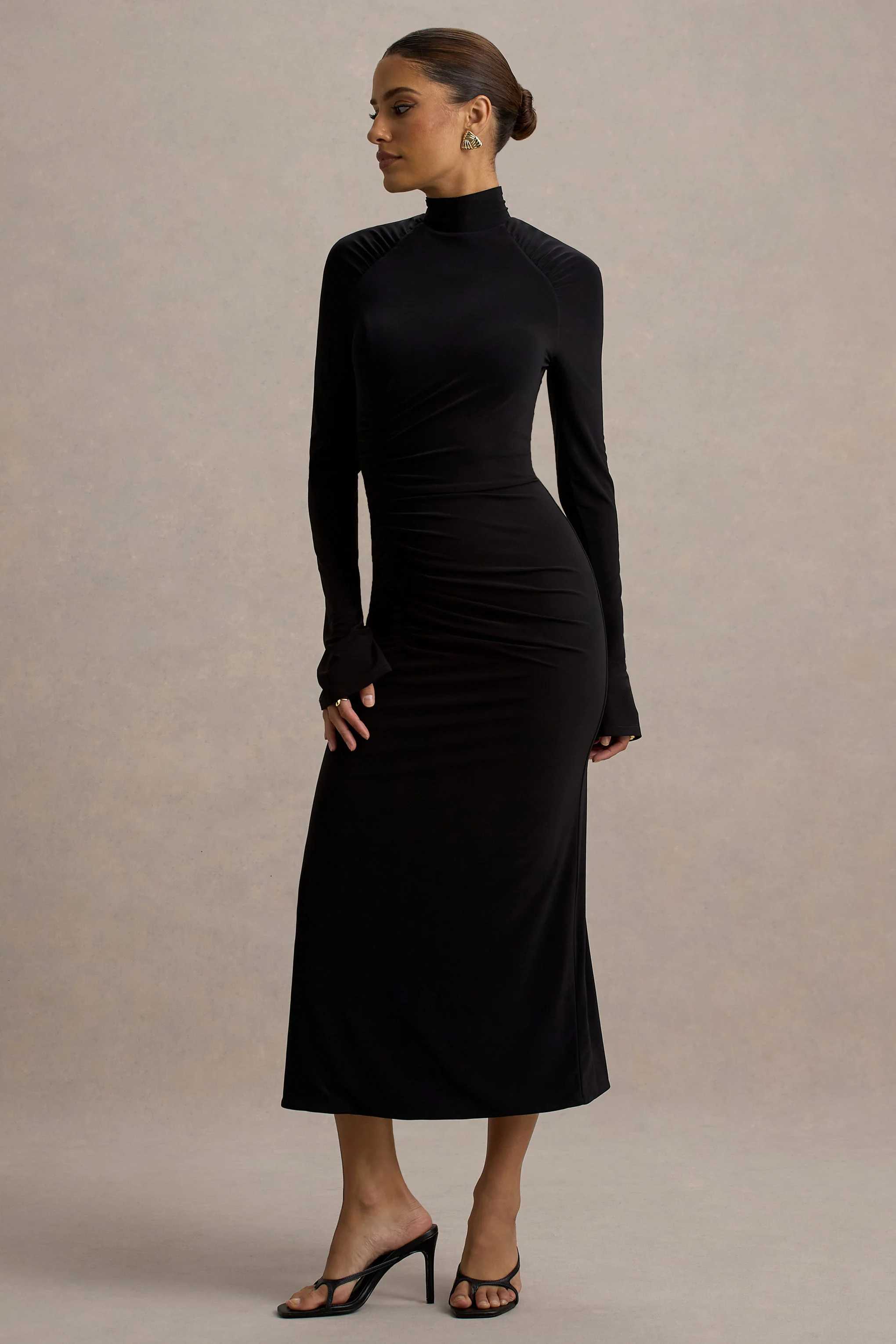 Cassandra | Black High-Neck Long-Sleeve Midi Dress - Image 5