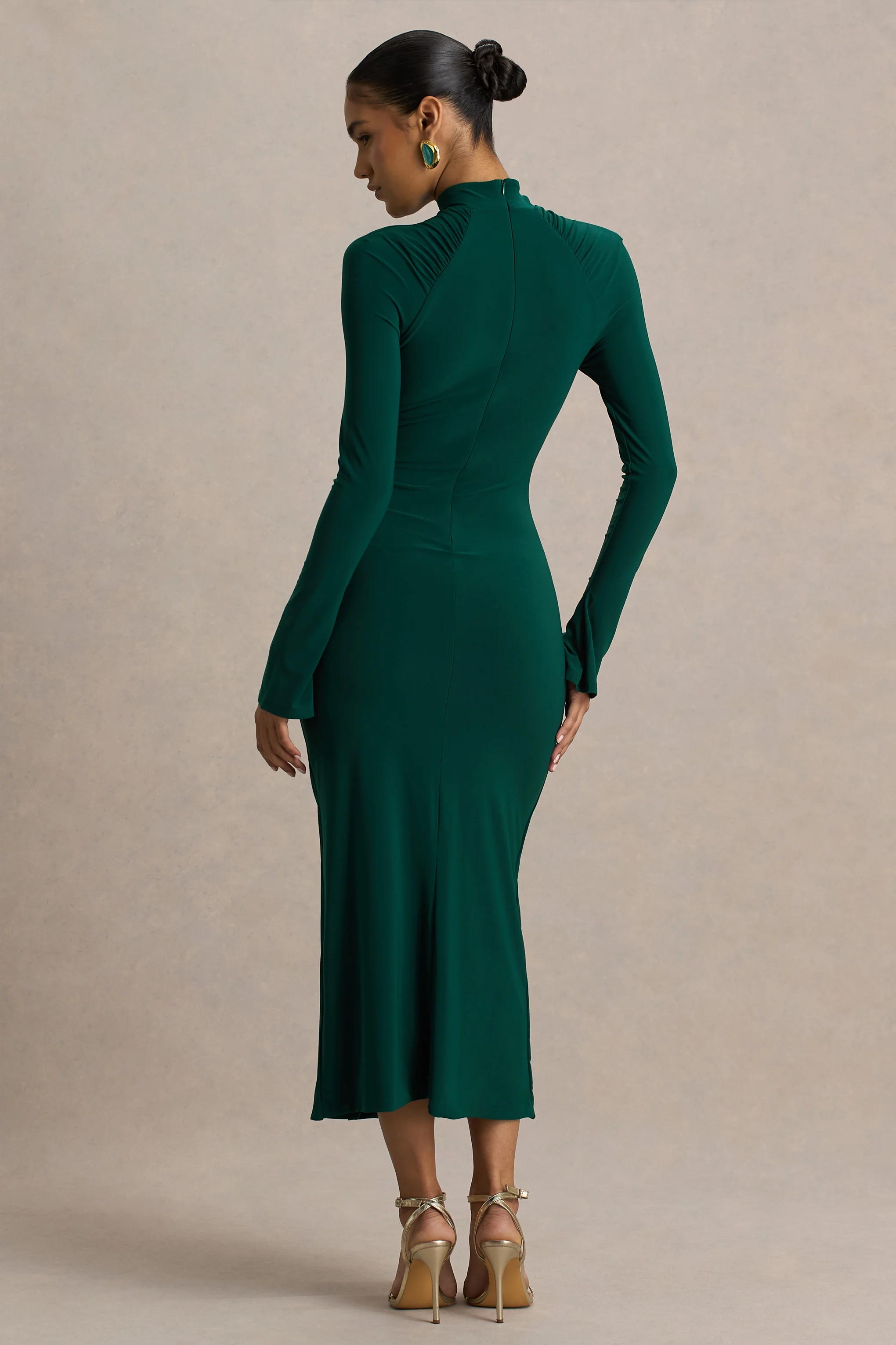Cassandra | Bottle Green High-Neck Long-Sleeve Midi Dress - Image 2