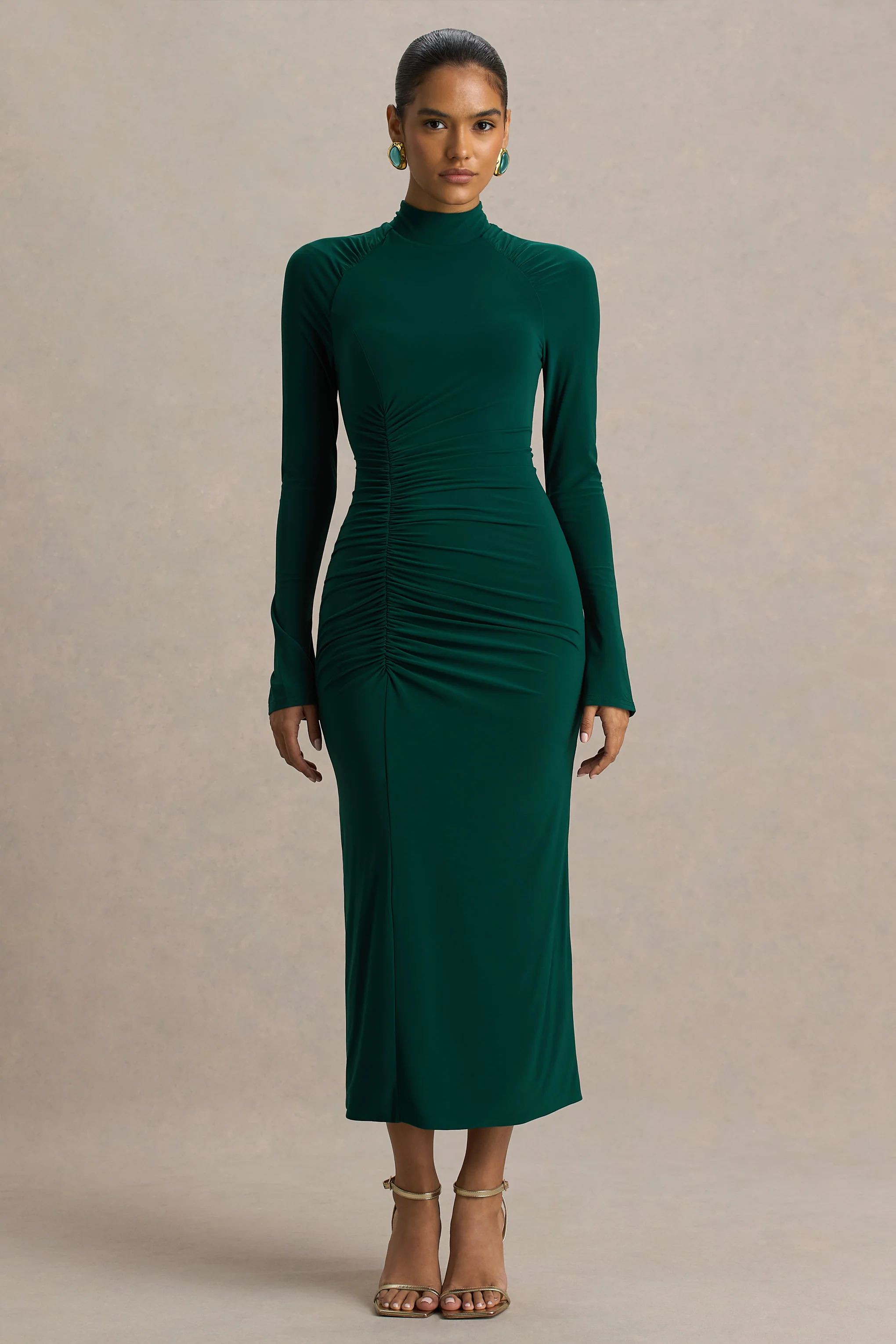 Cassandra | Bottle Green High-Neck Long-Sleeve Midi Dress - Image 4