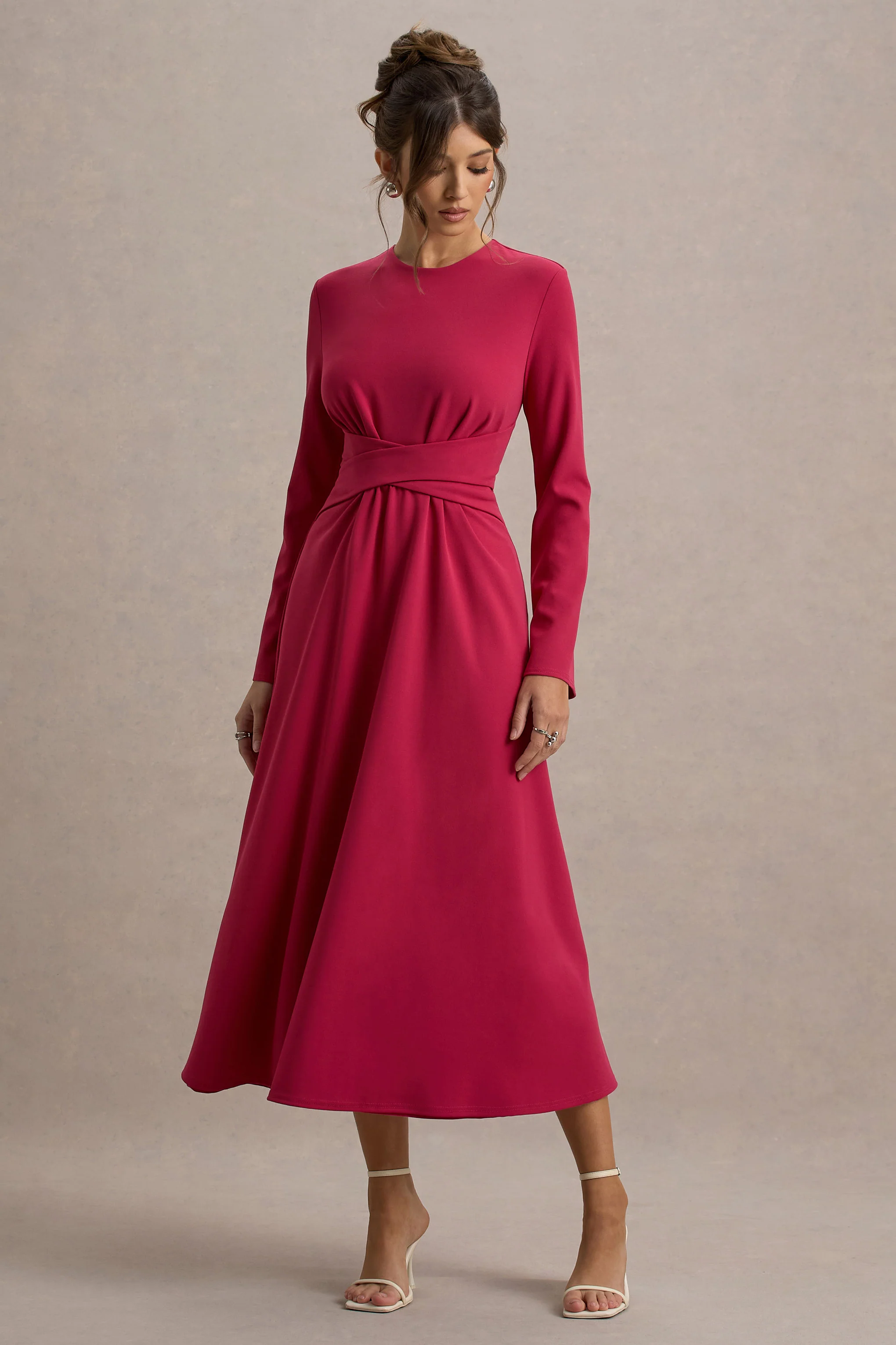 Cassiopeia | Hot Pink Long-Sleeve Midi Dress With Cross Waist - Image 4