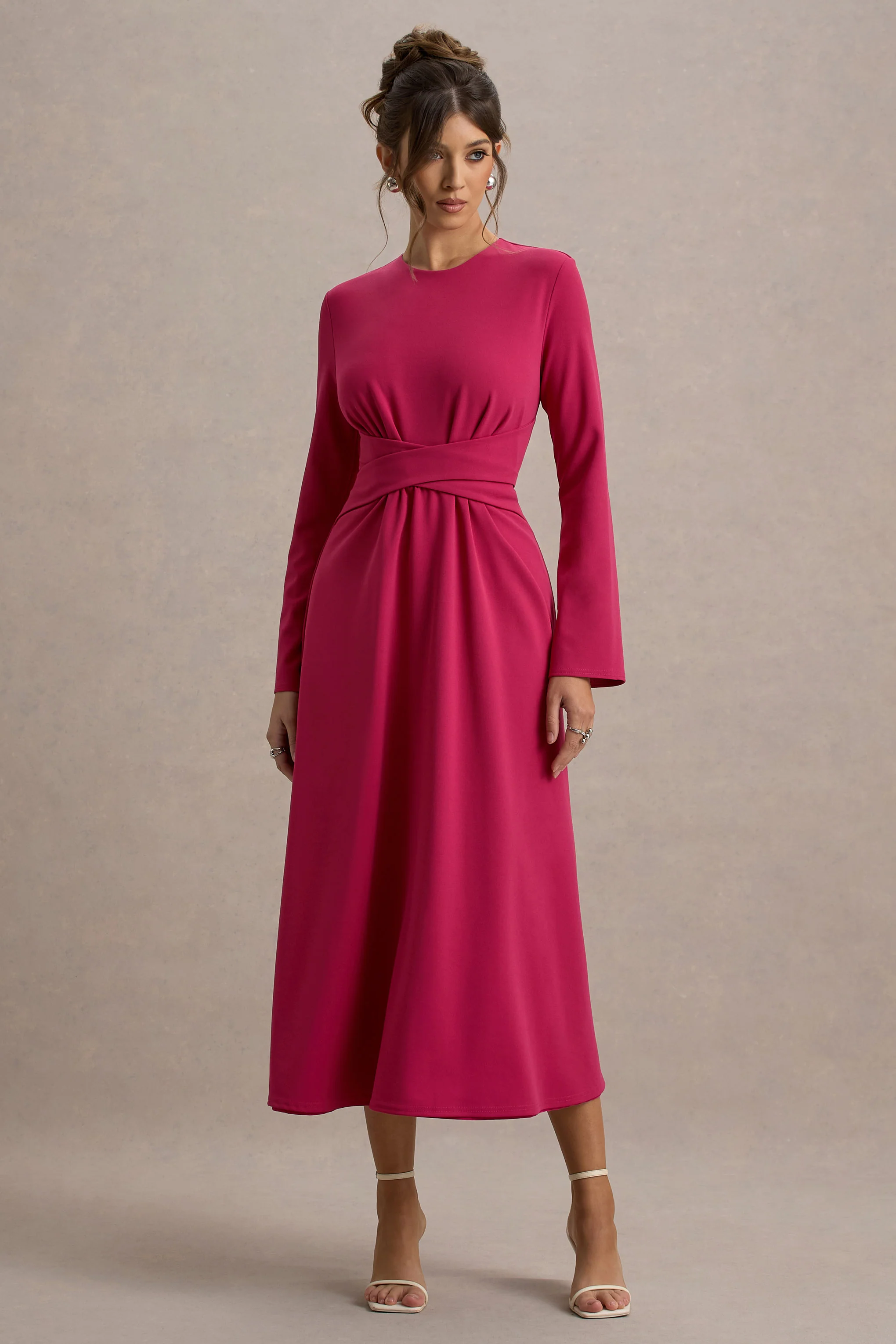 Cassiopeia | Hot Pink Long-Sleeve Midi Dress With Cross Waist - Image 5