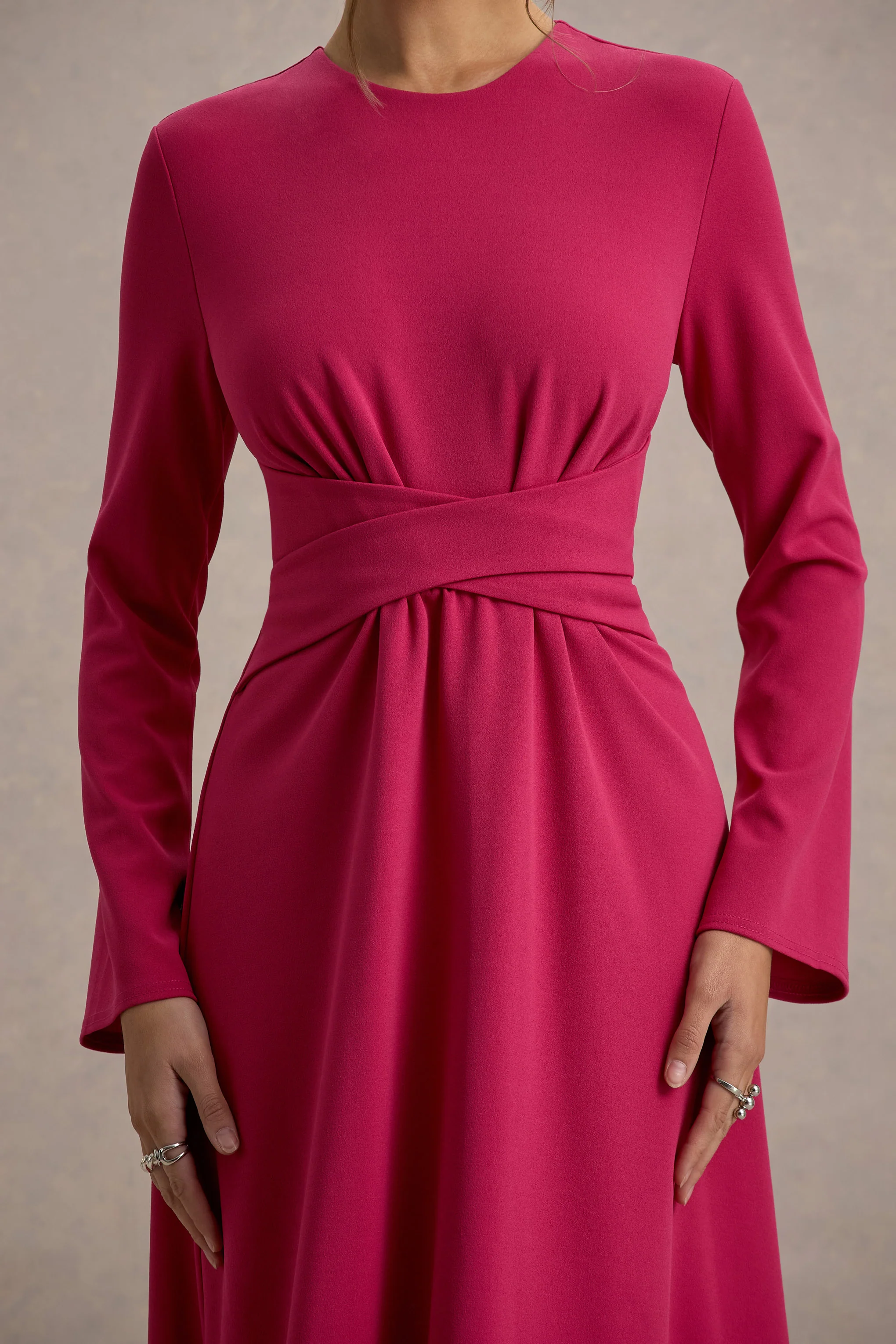 Cassiopeia | Hot Pink Long-Sleeve Midi Dress With Cross Waist - Image 6