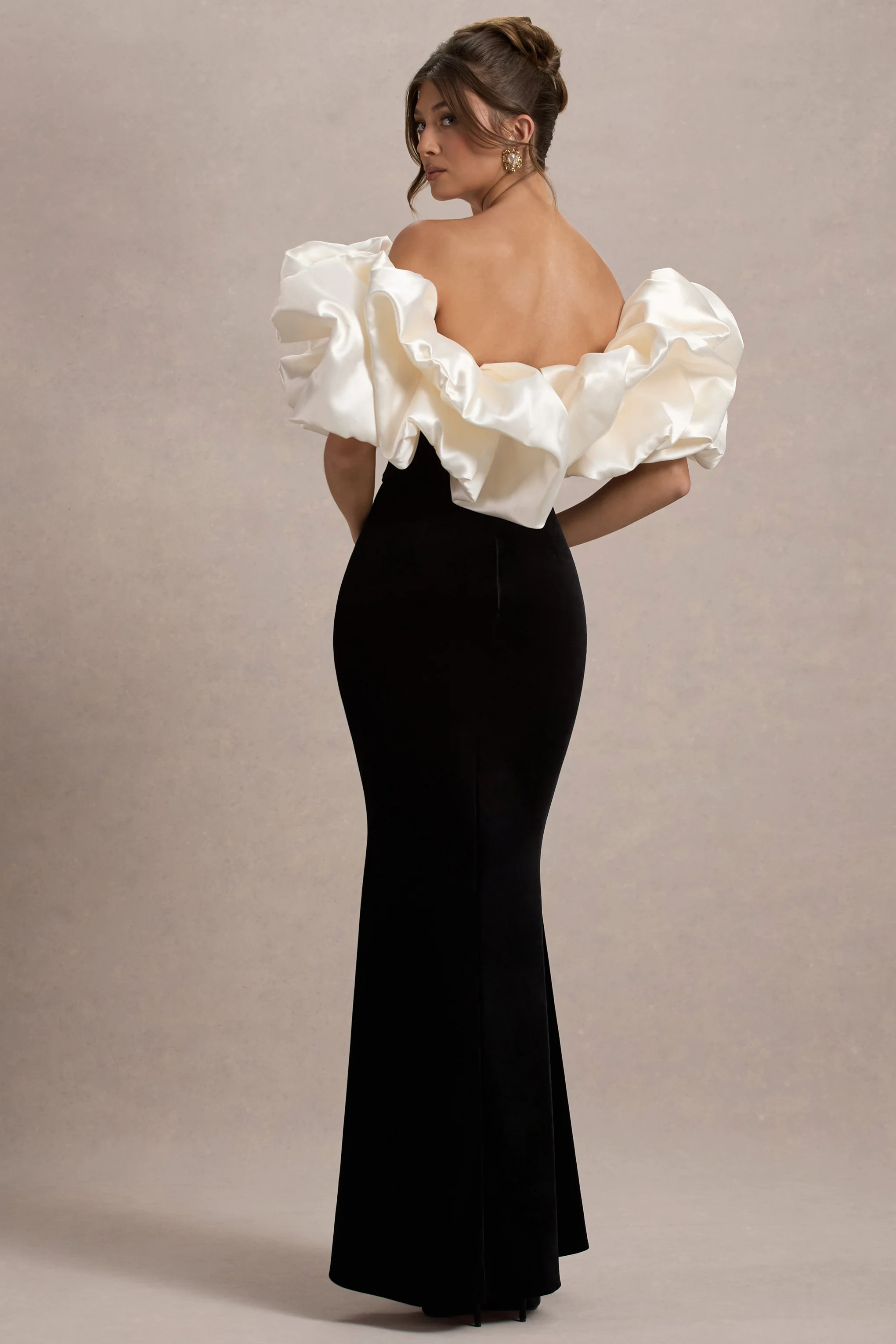 Cecily | Black Velvet Bardot Maxi Dress With Satin Ruffle Trim - Image 2