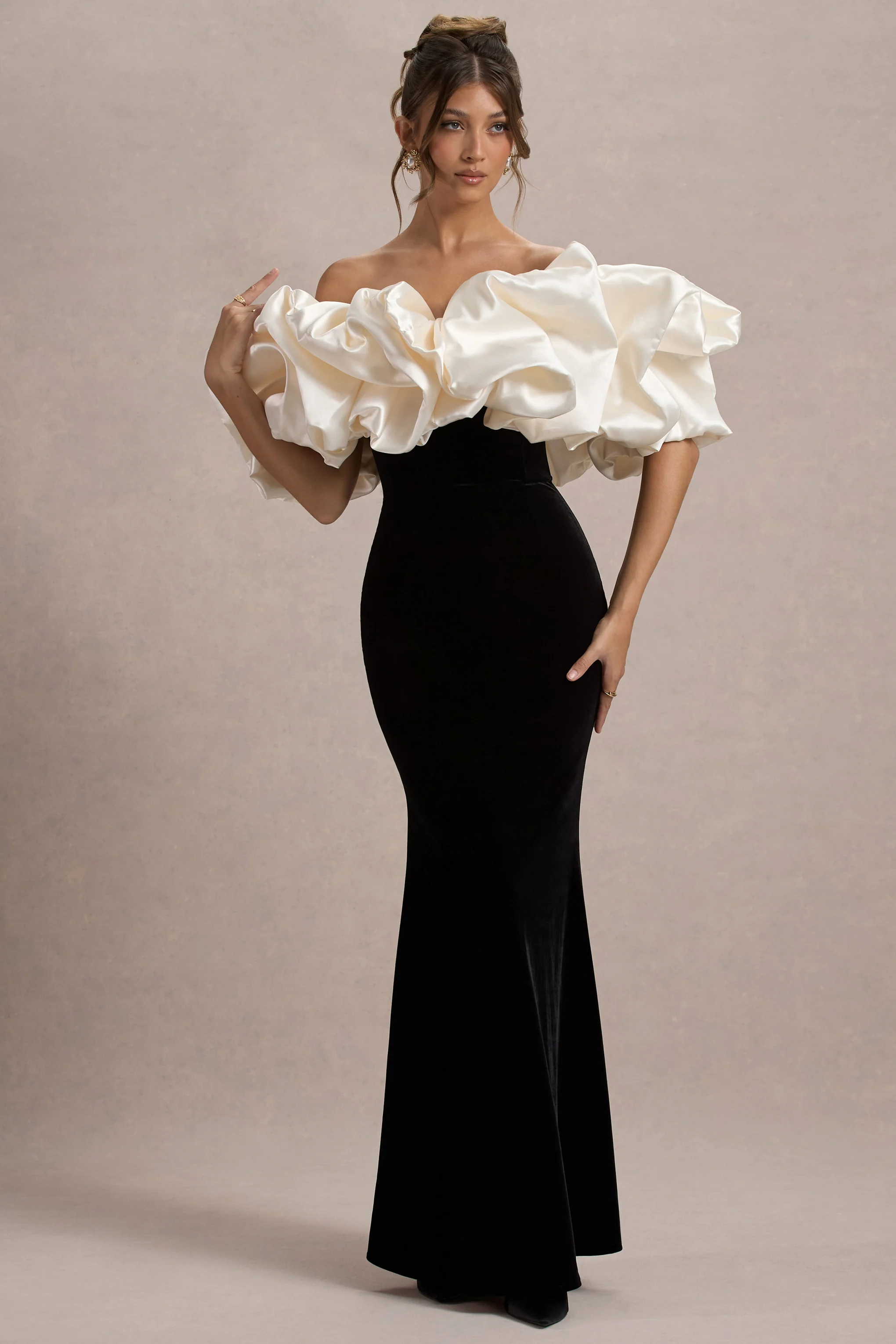Cecily | Black Velvet Bardot Maxi Dress With Satin Ruffle Trim - Image 4