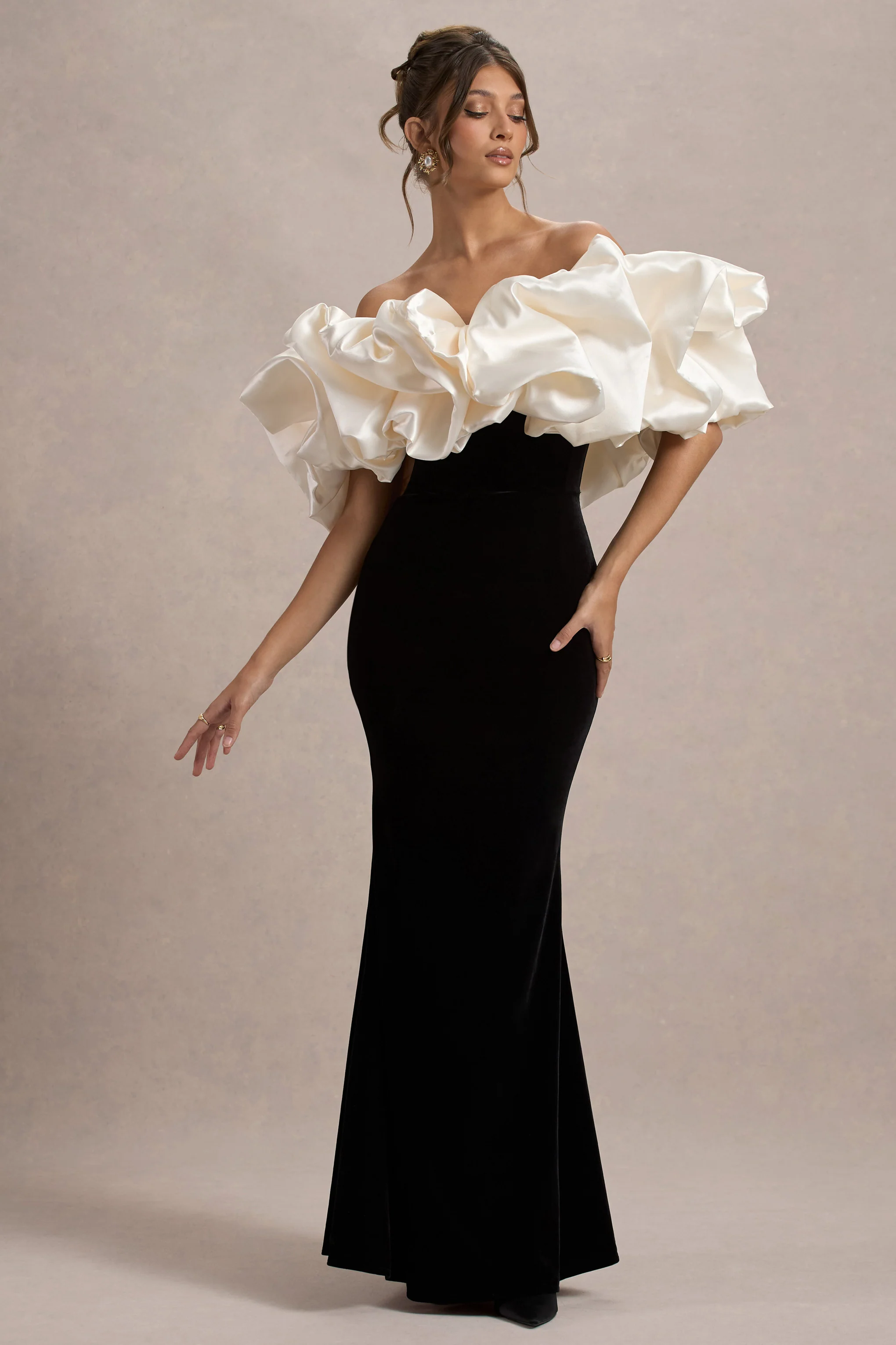 Cecily | Black Velvet Bardot Maxi Dress With Satin Ruffle Trim - Image 5