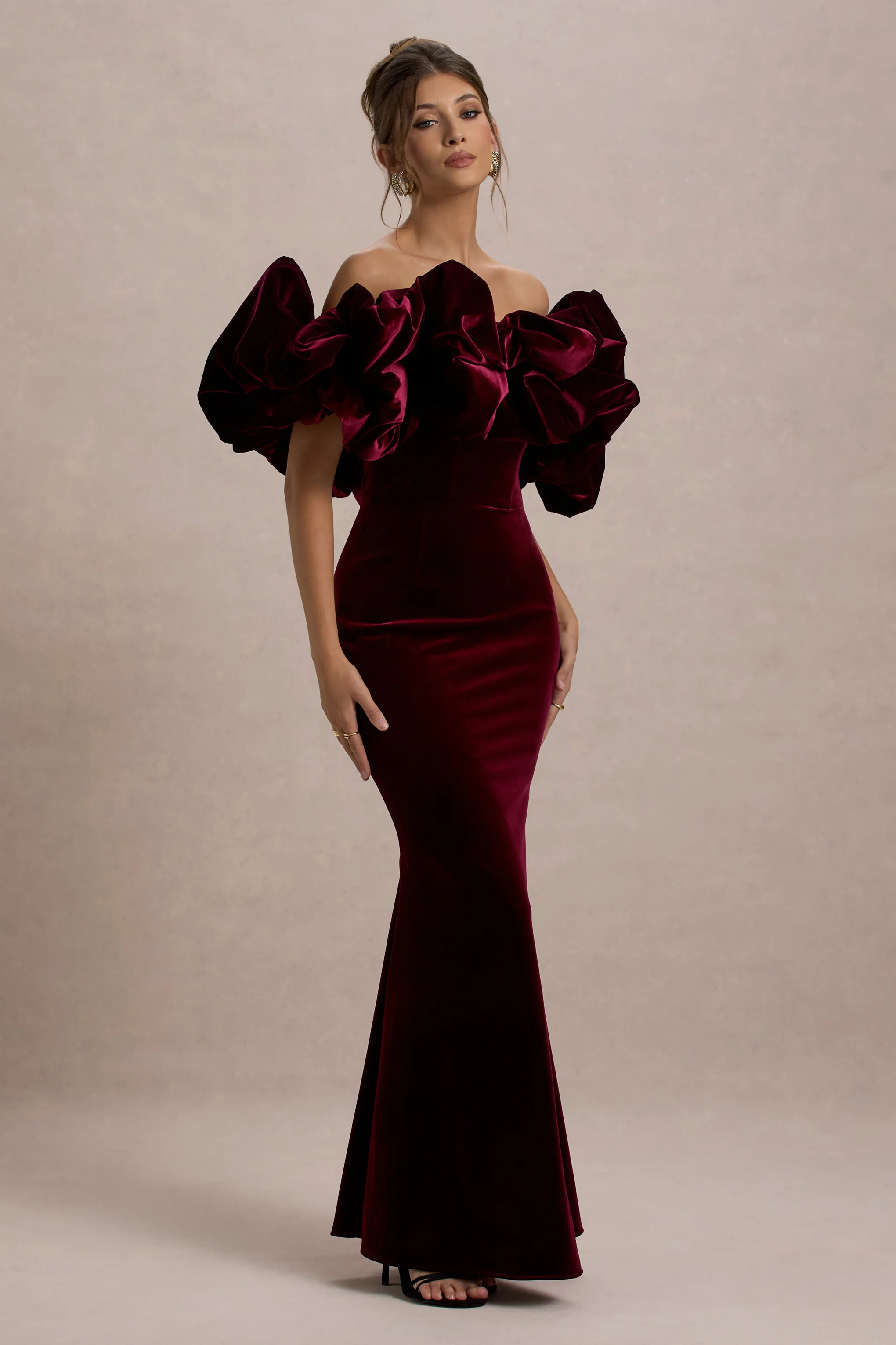 Cecily | Port Velvet Bardot Maxi Dress With Velvet Ruffle Trim - Image 4