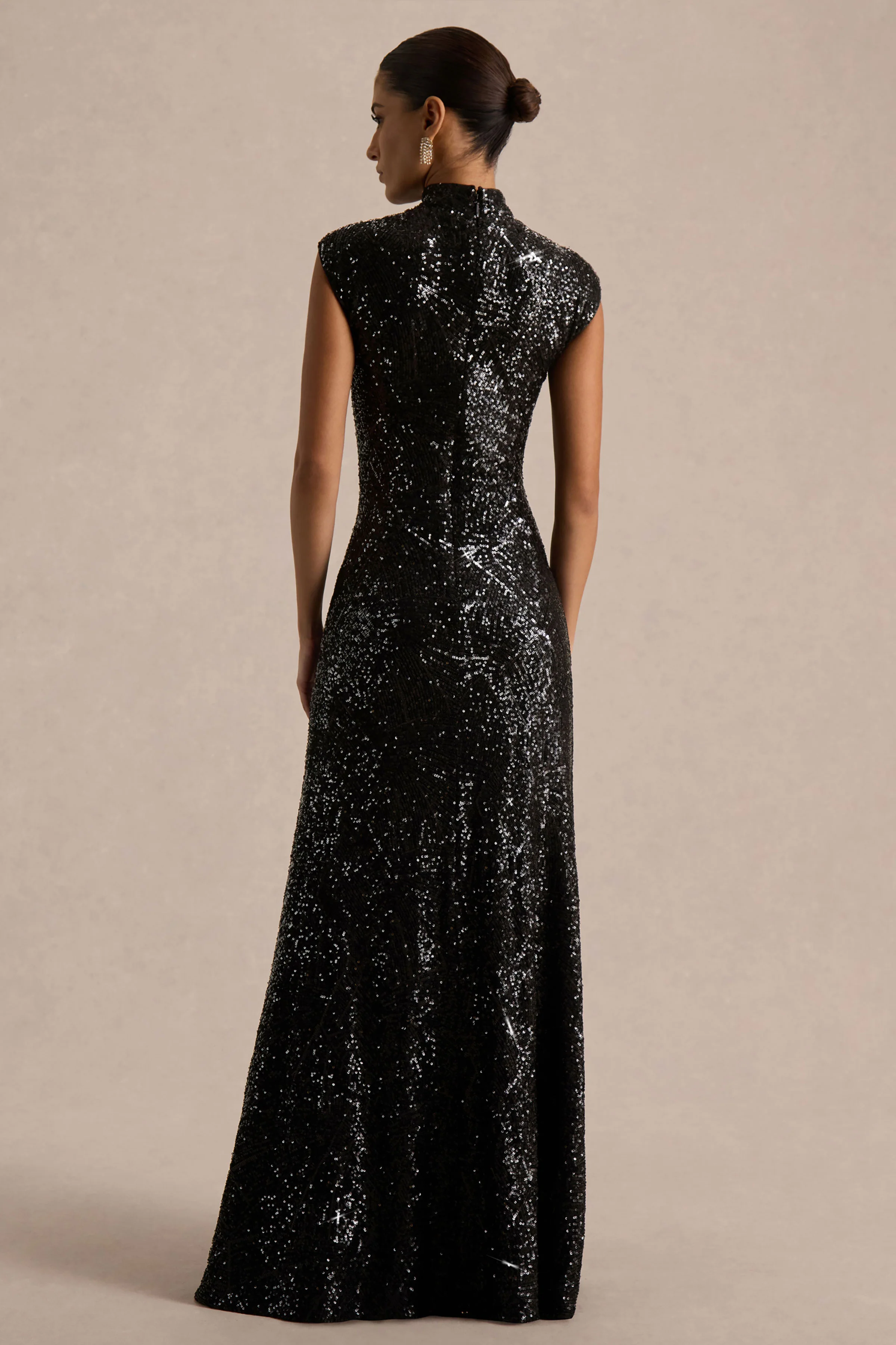 Cecy | Black Sequin High-Neck Maxi Dress With Cap Sleeves - Image 2