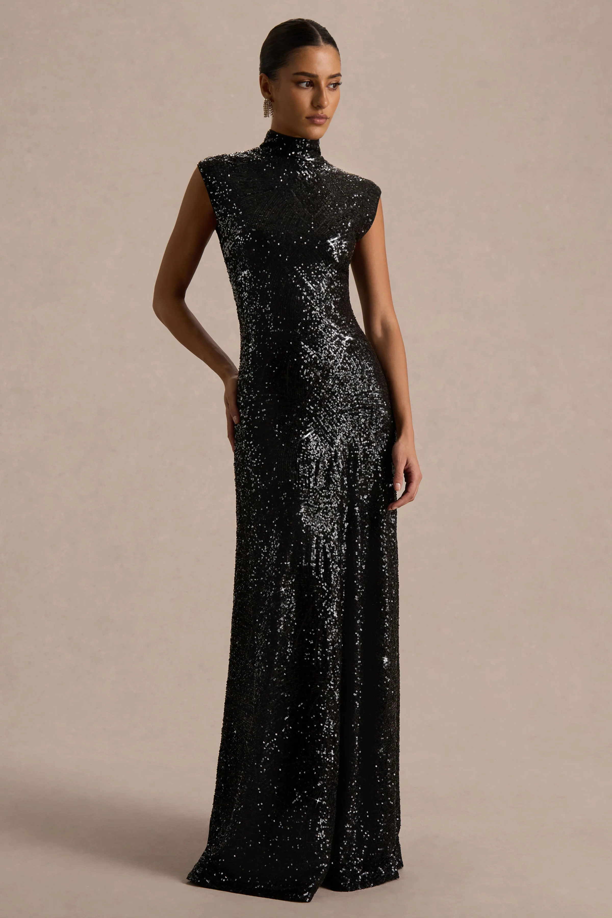 Cecy | Black Sequin High-Neck Maxi Dress With Cap Sleeves - Image 4