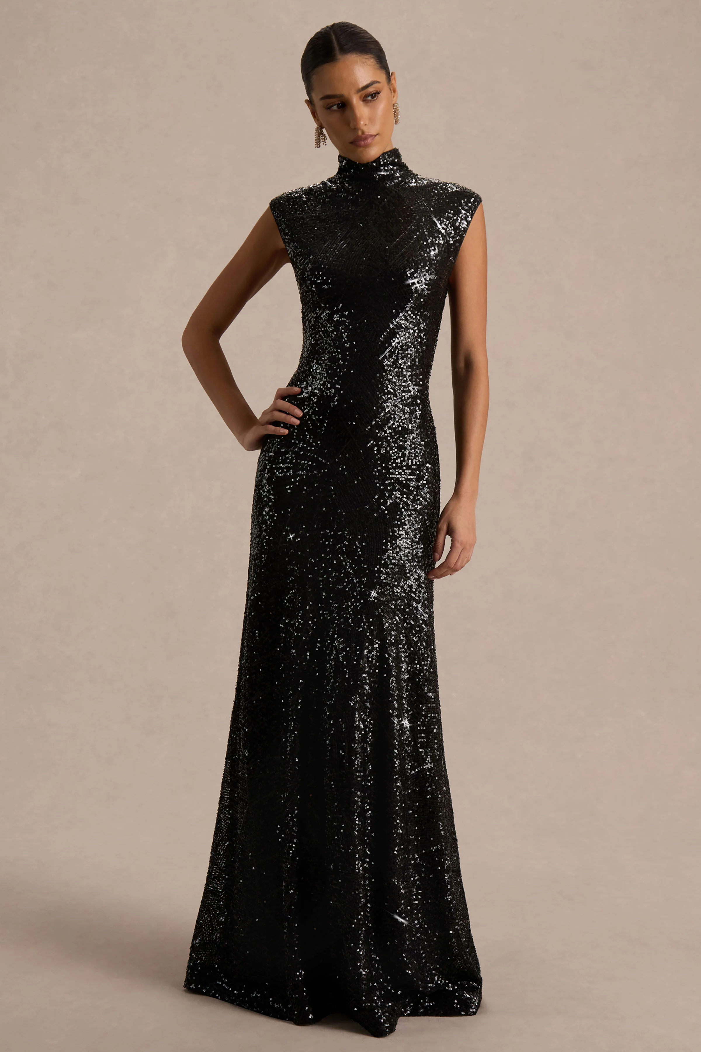 Cecy | Black Sequin High-Neck Maxi Dress With Cap Sleeves - Image 5