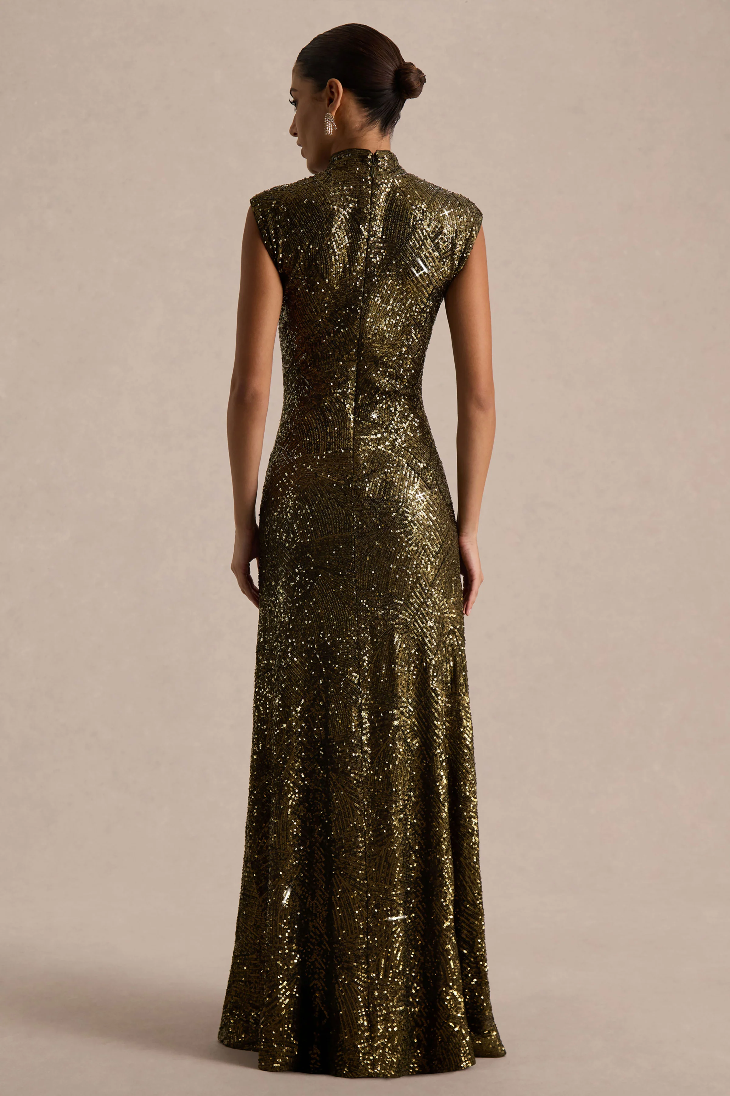 Cecy | Khaki Sequin High-Neck Maxi Dress With Cap Sleeves - Image 2