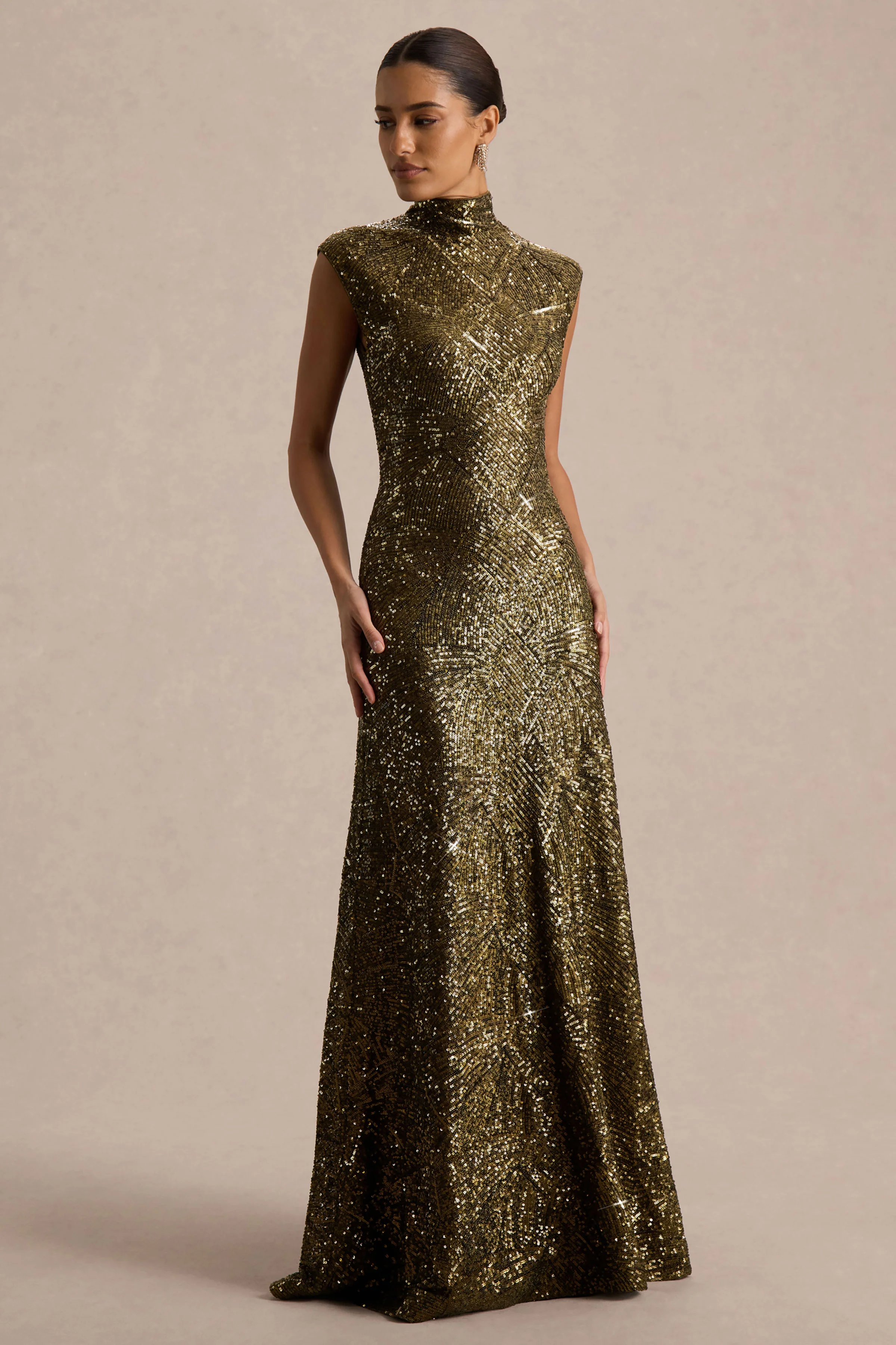 Cecy | Khaki Sequin High-Neck Maxi Dress With Cap Sleeves - Image 4
