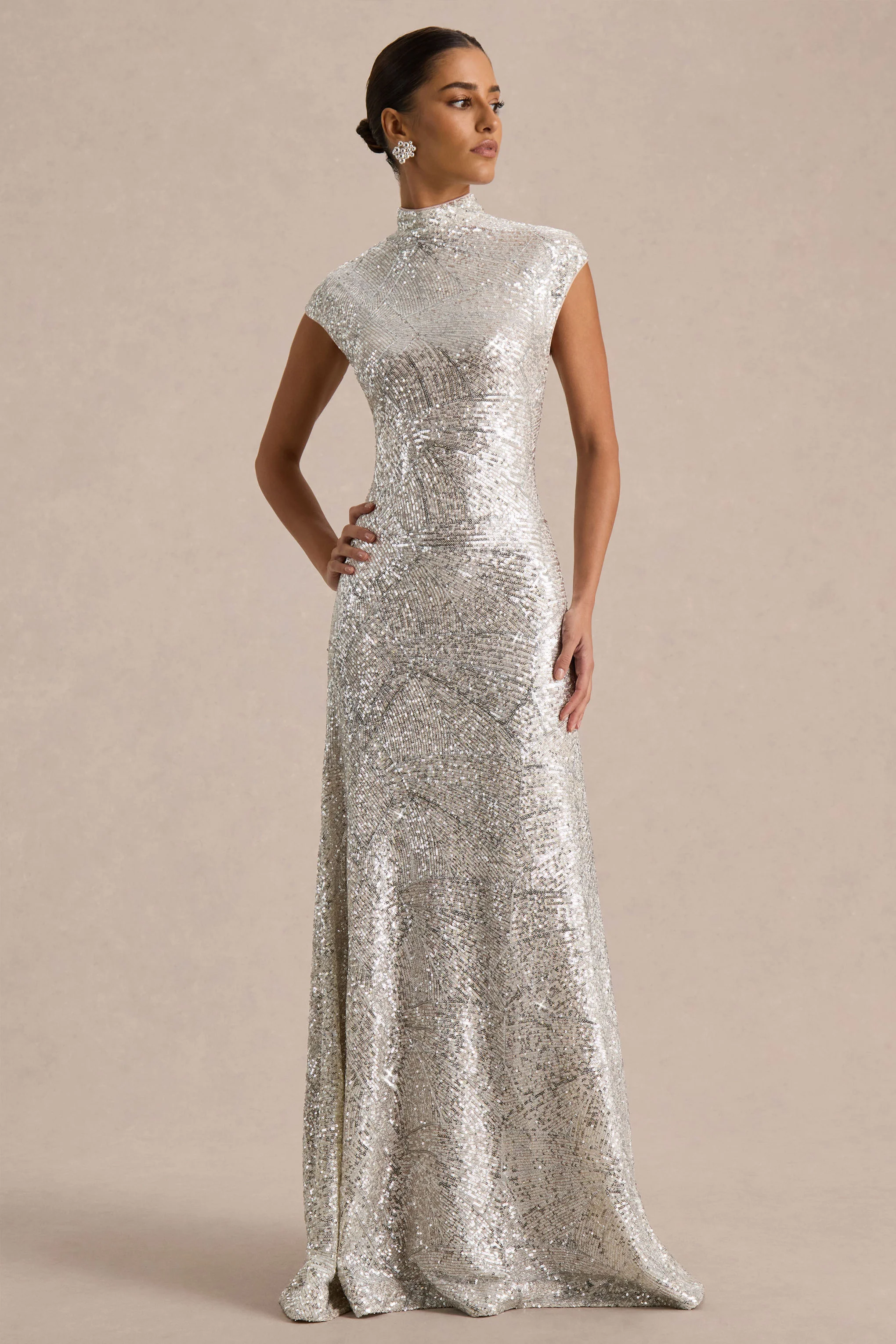 Cecy | Silver Sequin High-Neck Maxi Dress With Cap Sleeves - Image 4