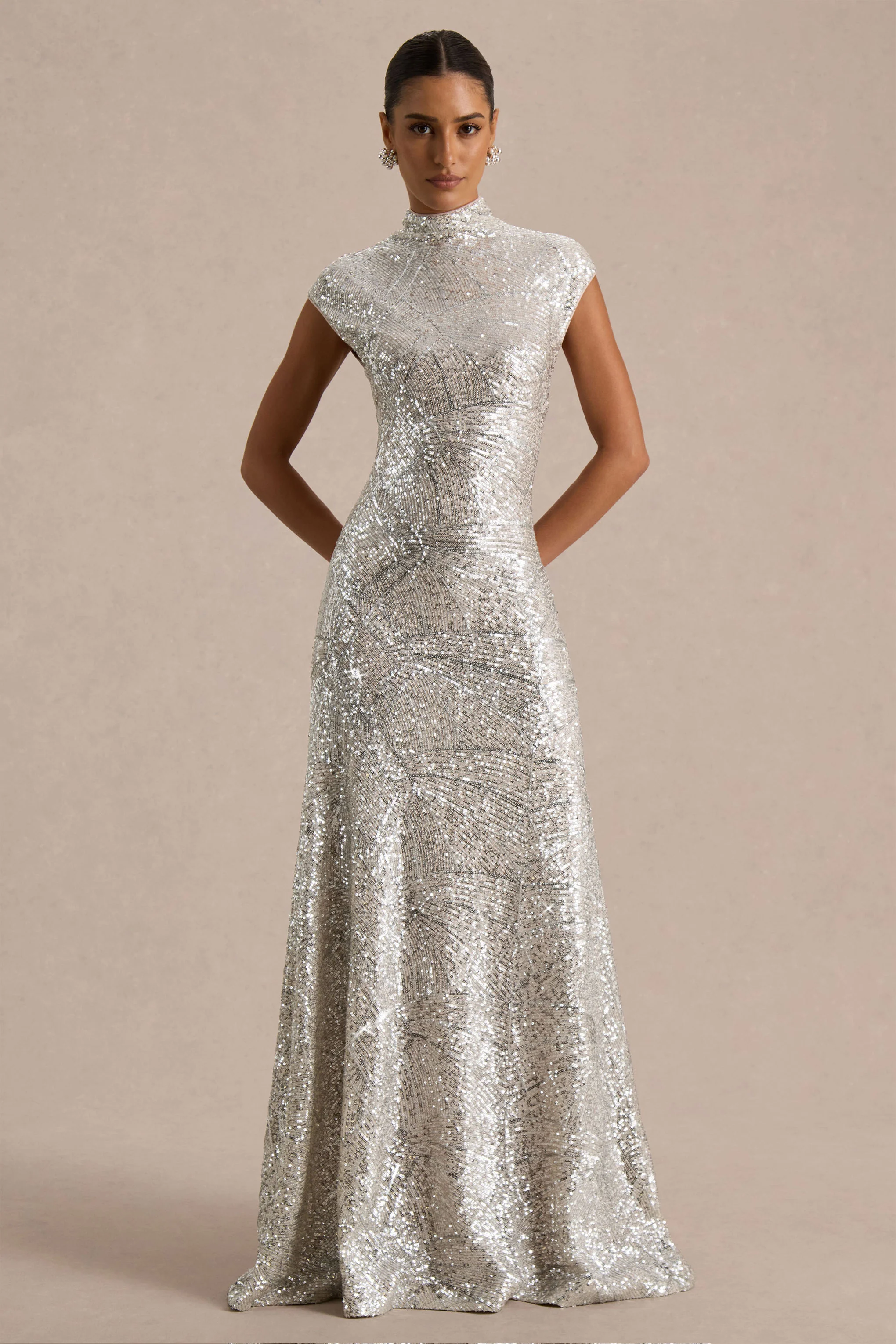Cecy | Silver Sequin High-Neck Maxi Dress With Cap Sleeves - Image 5