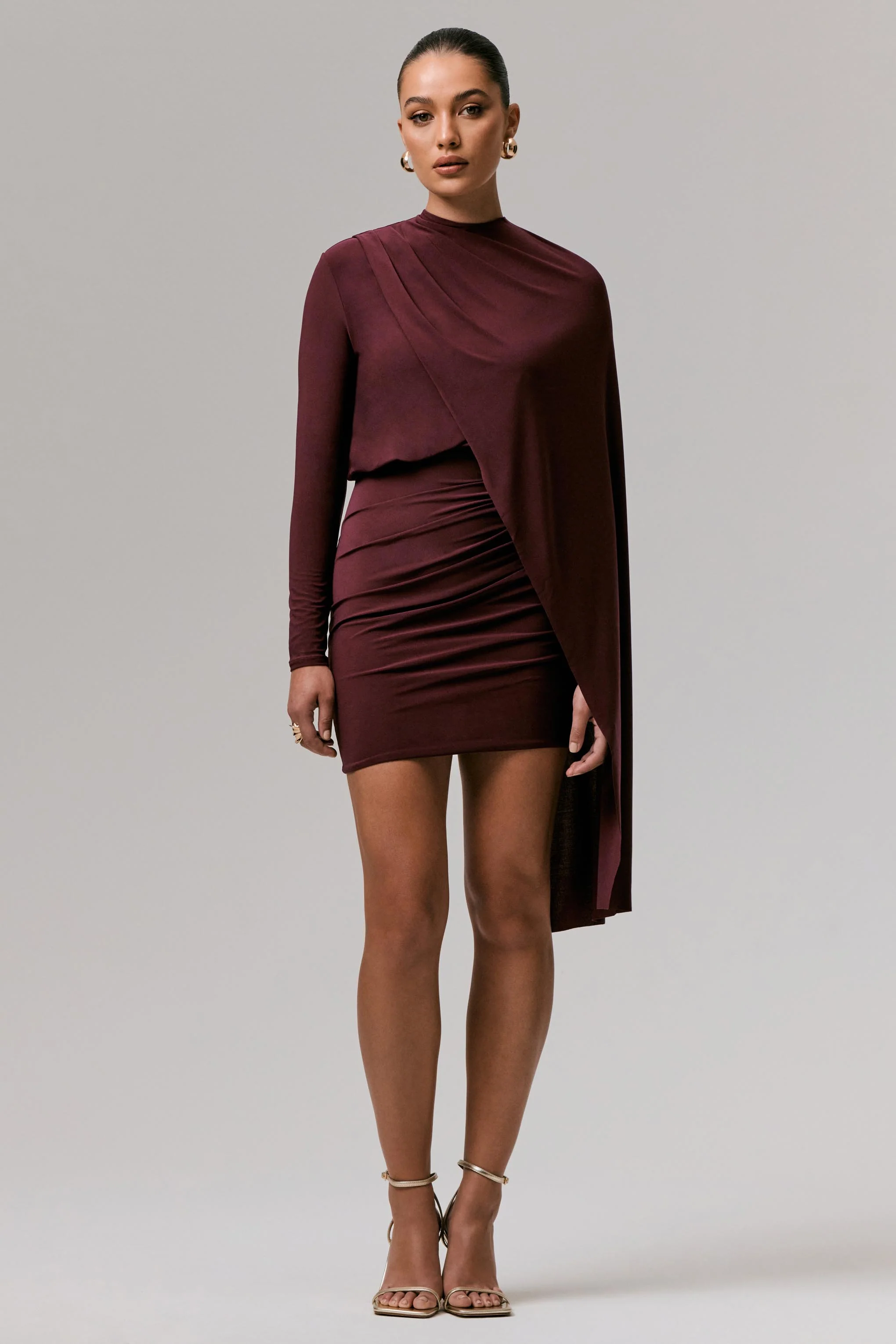 Celeste | Burgundy Long-Sleeve Mini Dress With Cape Sleeve - Image 4