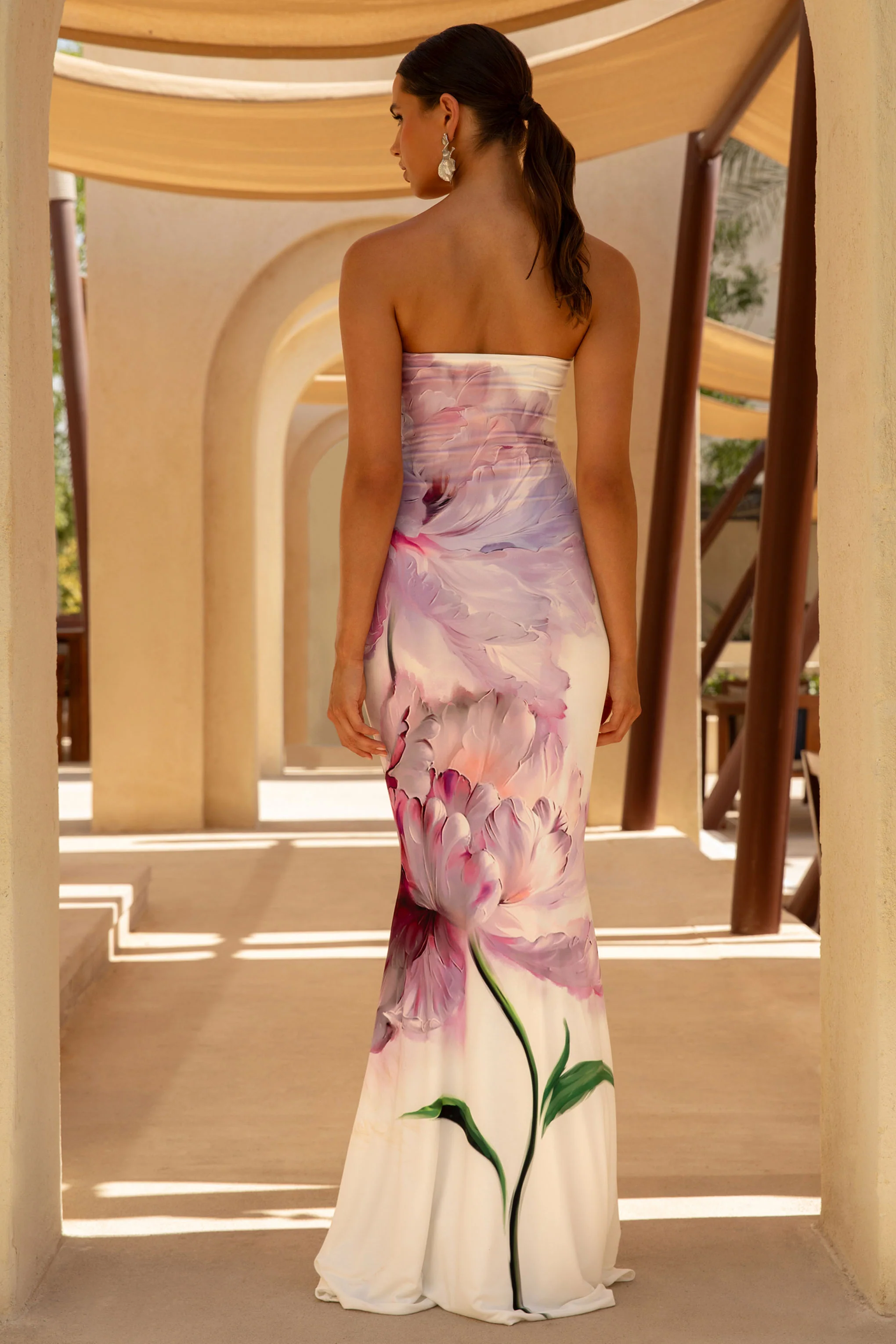 Ceremony | Pink Floral Print Bandeau Fishtail Maxi Dress - Image 2